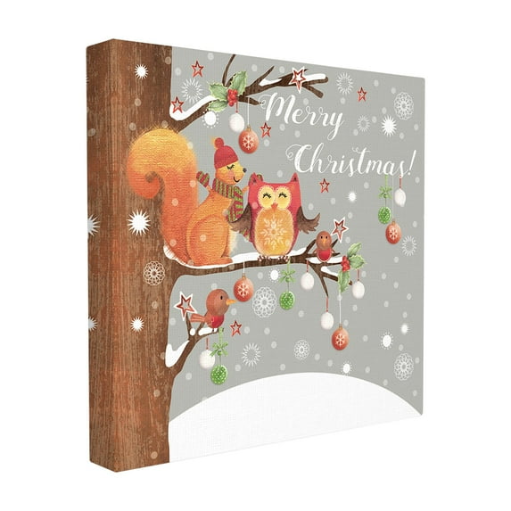 The Stupell Home Decor Collection Holiday Merry Christmas Woodland Animals Squirrel and Owl in a Tree Oversized Stretched Canvas Wall Art, 24 x 1.5 x 24