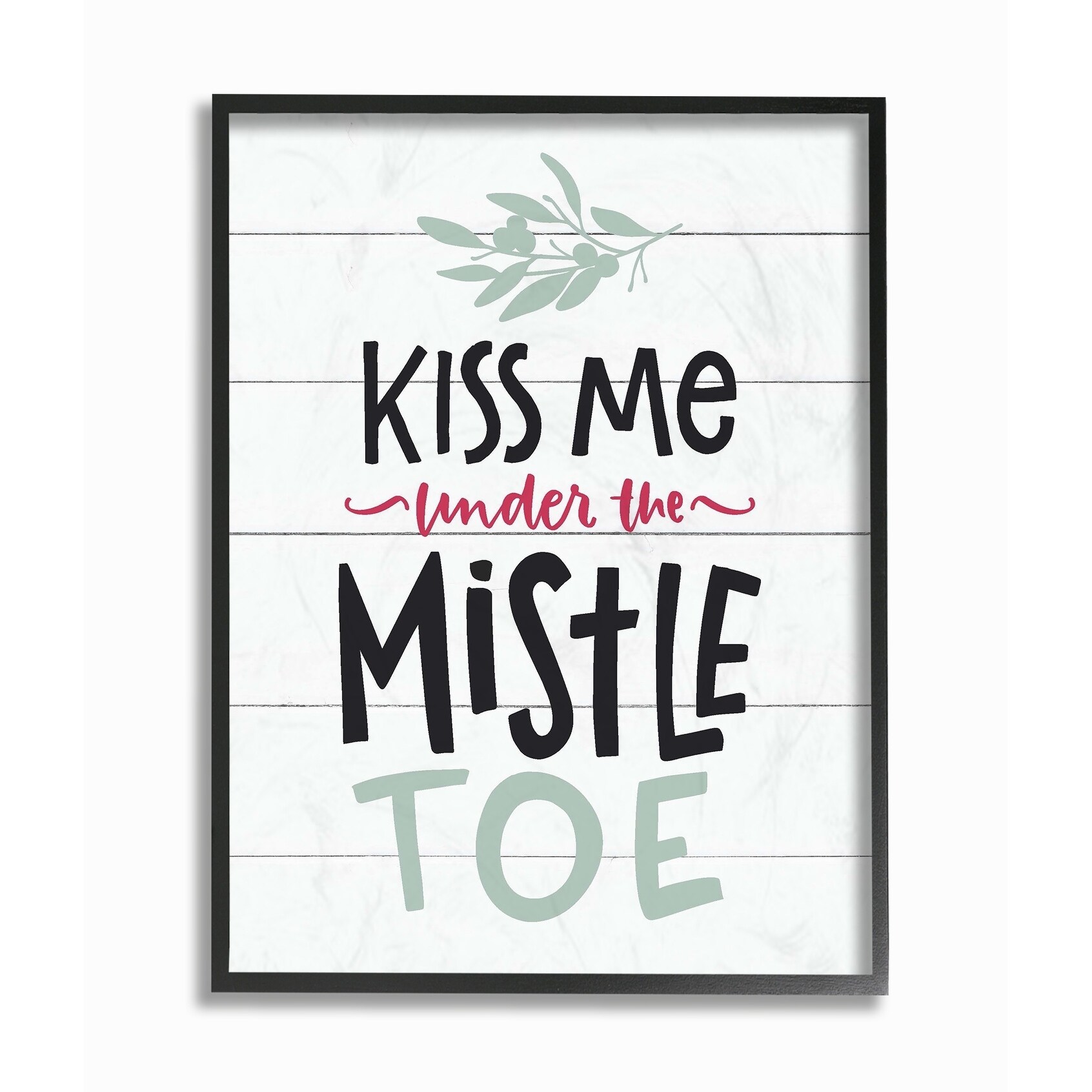 The Stupell Home Decor Collection Holiday Planked Look Kiss Me Under The Mistletoe Black White Red and Blue Typography Framed Giclee Texturized Art, 11 x 1.5 x 14