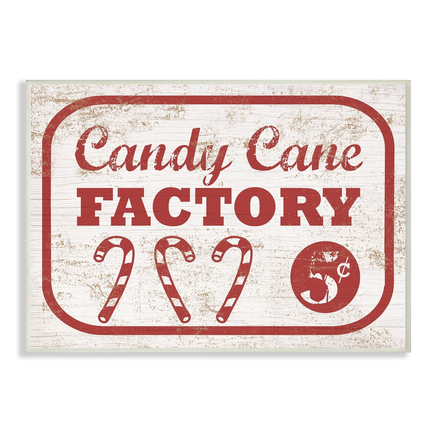 The Stupell Home Decor Collection Holiday Rustic Distressed White and Red Vintage Sign Candy Cane Factory Oversized Wall Plaque Art, 12.5 x 0.5 x 18.5
