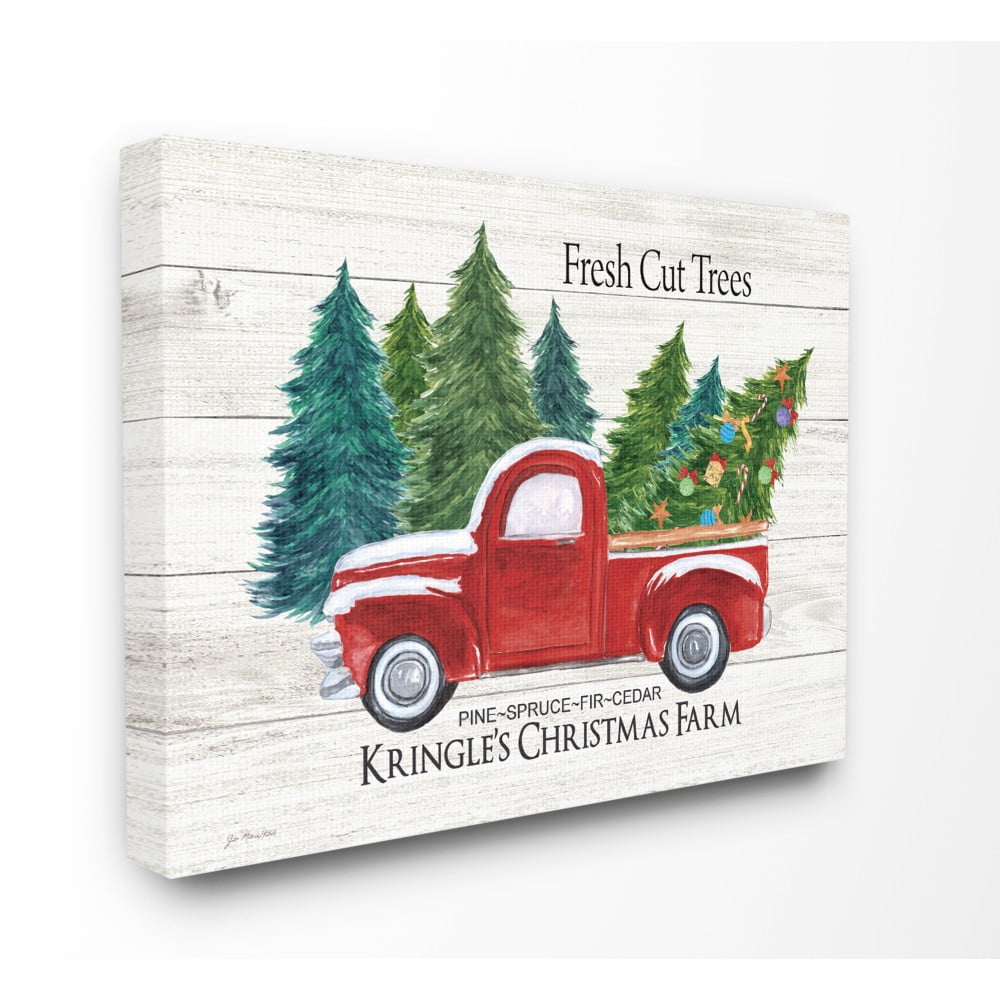 The Stupell Home Decor Collection Holiday Rustic White Planked Look Fresh Cut Trees Red Pickup Christmas Farm Oversized Stretched Canvas Wall Art, 24 x 1.5 x 30