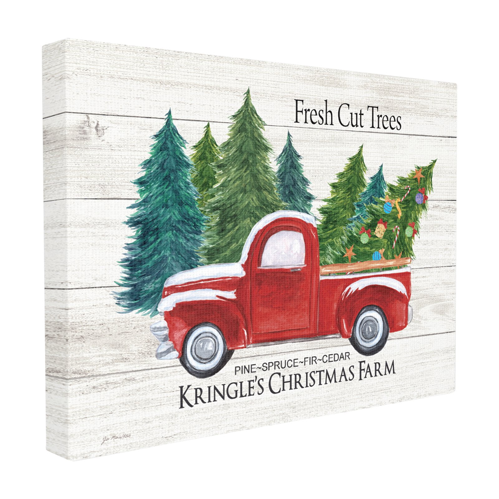 The Stupell Home Decor Collection Holiday Rustic White Planked Look Fresh Cut Trees Red Pickup Christmas Farm Stretched Canvas Wall Art, 16 x 1.5 x 20