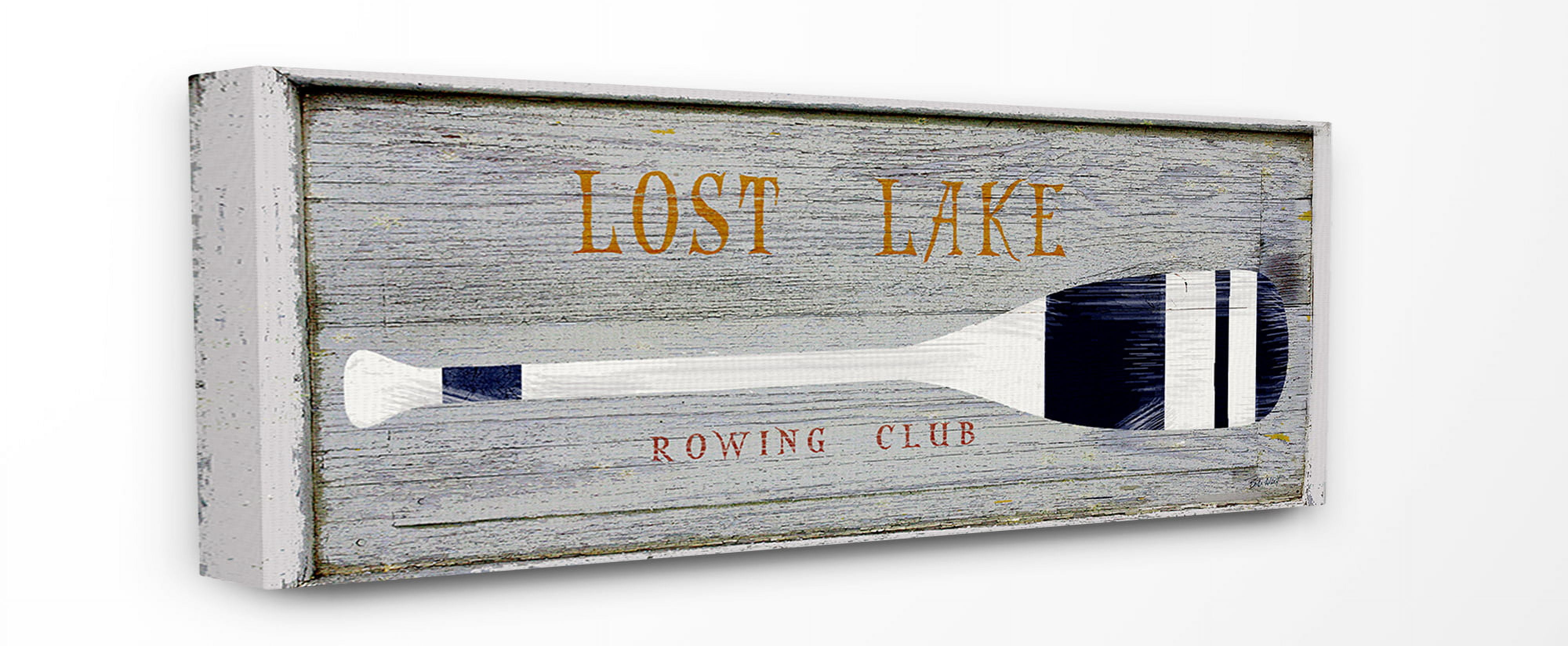 The Stupell Home Decor Collection Rustic Grey Planked Look Blue and White Oar Lost Lake Rowing Club Oversized Stretched Canvas Wall Art, 13 x 1.5 x 30