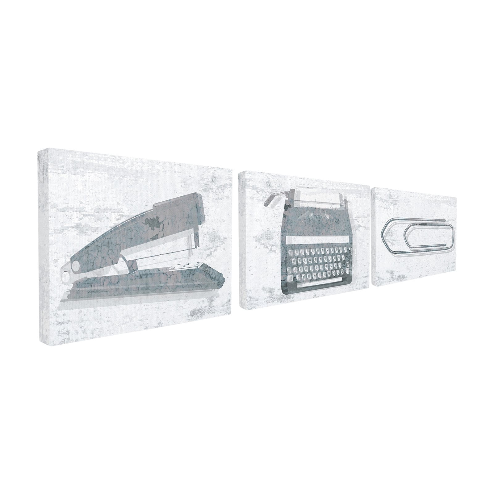 The Stupell Home Decor Collection Textured Dusty Rose Muted Pink Office Supplies Stapler Typewriter and Paperclip Trio 3pc Wall Plaque Art Set, 10 x 0.5 x 15