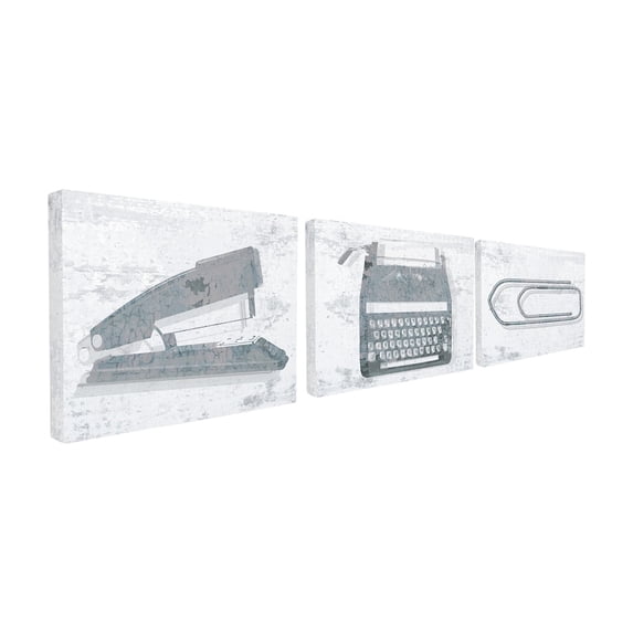 The Stupell Home Decor Collection Textured Dusty Rose Muted Pink Office Supplies Stapler Typewriter and Paperclip Trio 3pc Wall Plaque Art Set, 10 x 0.5 x 15