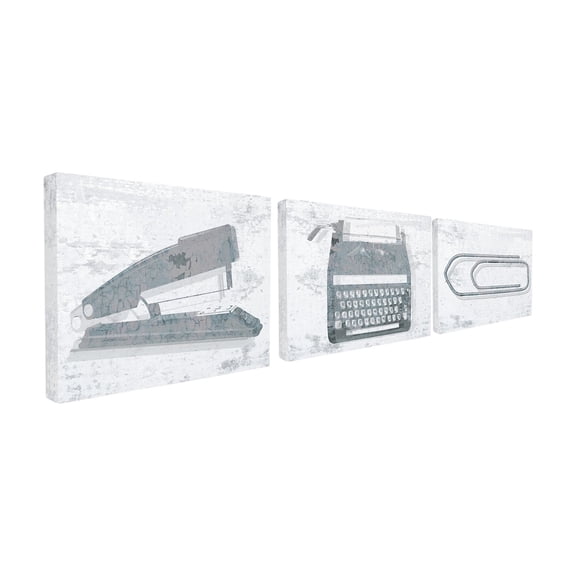 The Stupell Home Decor Collection Textured Dusty Rose Muted Pink Office Supplies Stapler Typewriter and Paperclip Trio 3pc Wall Plaque Art Set, 10 x 0.5 x 15