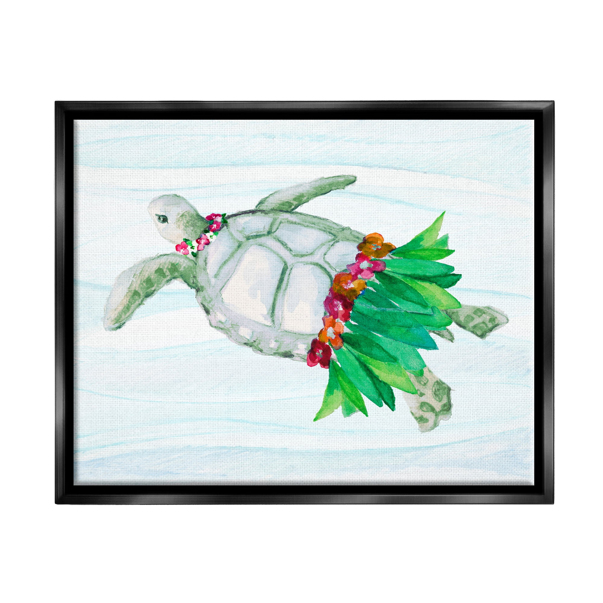 Stupell Hula Turtle Funny Tortoise Landscape Painting Black Floater Framed Art Print Wall Art
