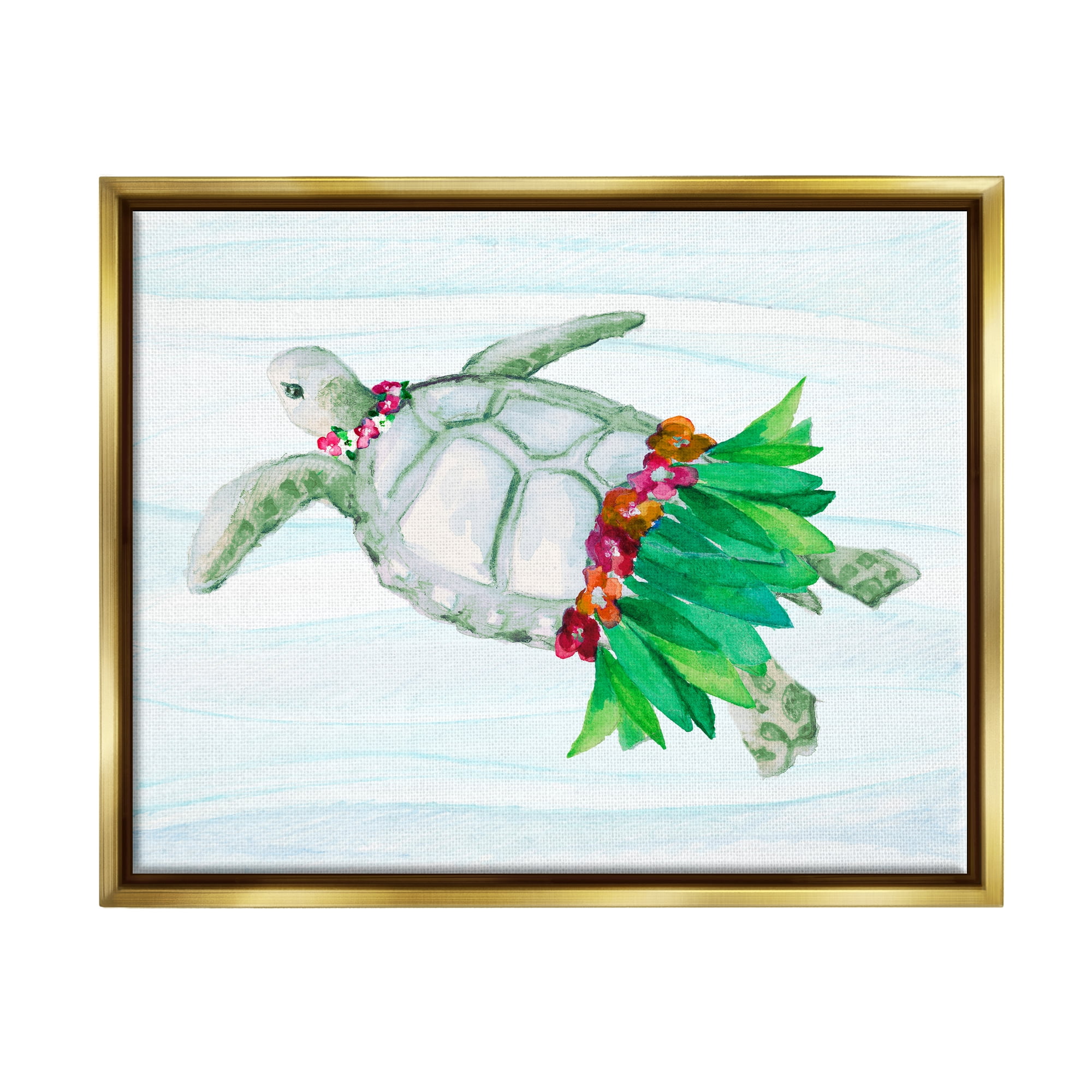 Stupell Hula Turtle Funny Tortoise Landscape Painting Gold Floater Framed Art Print Wall Art