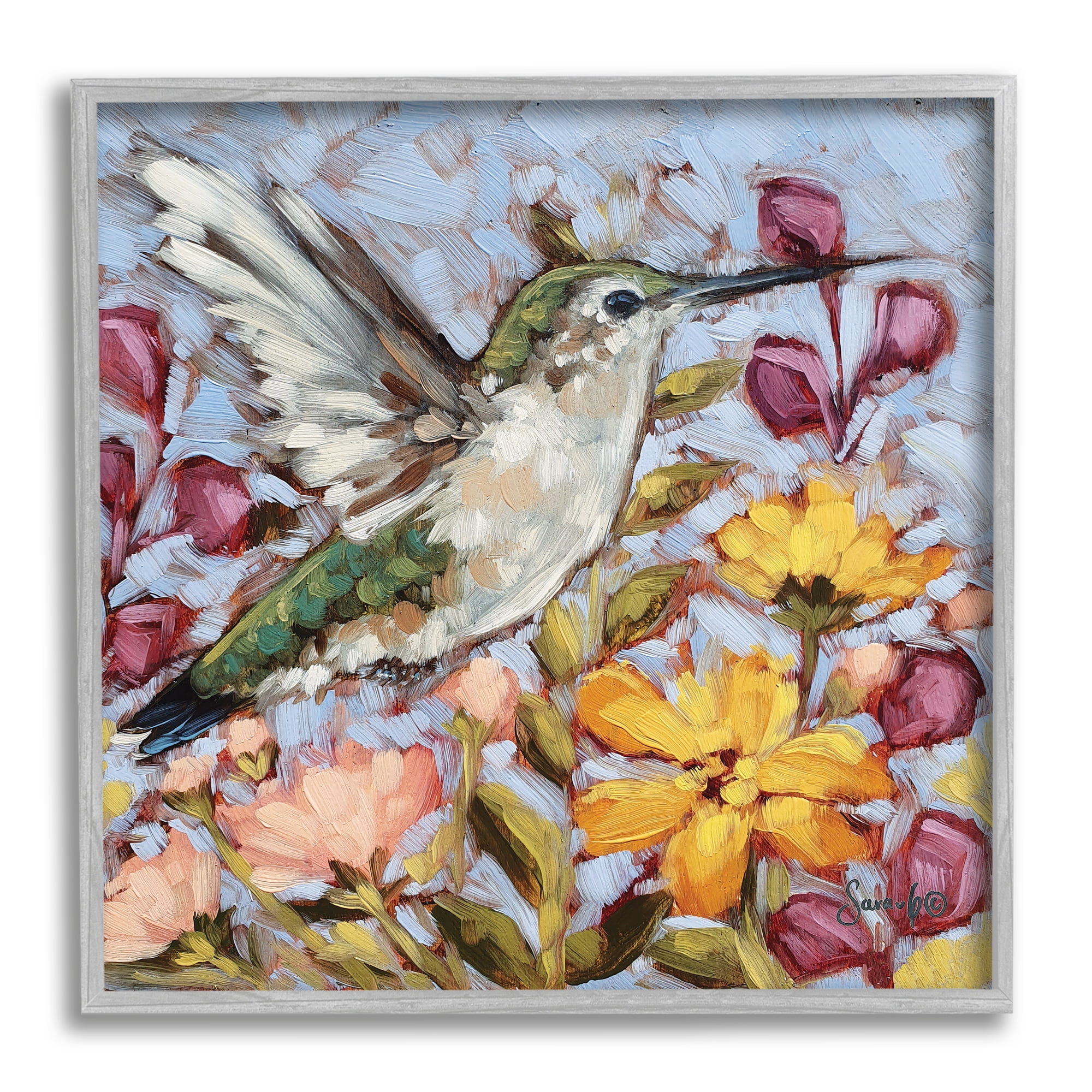 Stupell Hummingbird Spring Garden Flowers Animals & Insects Painting Gray Framed Art Print Wall Art