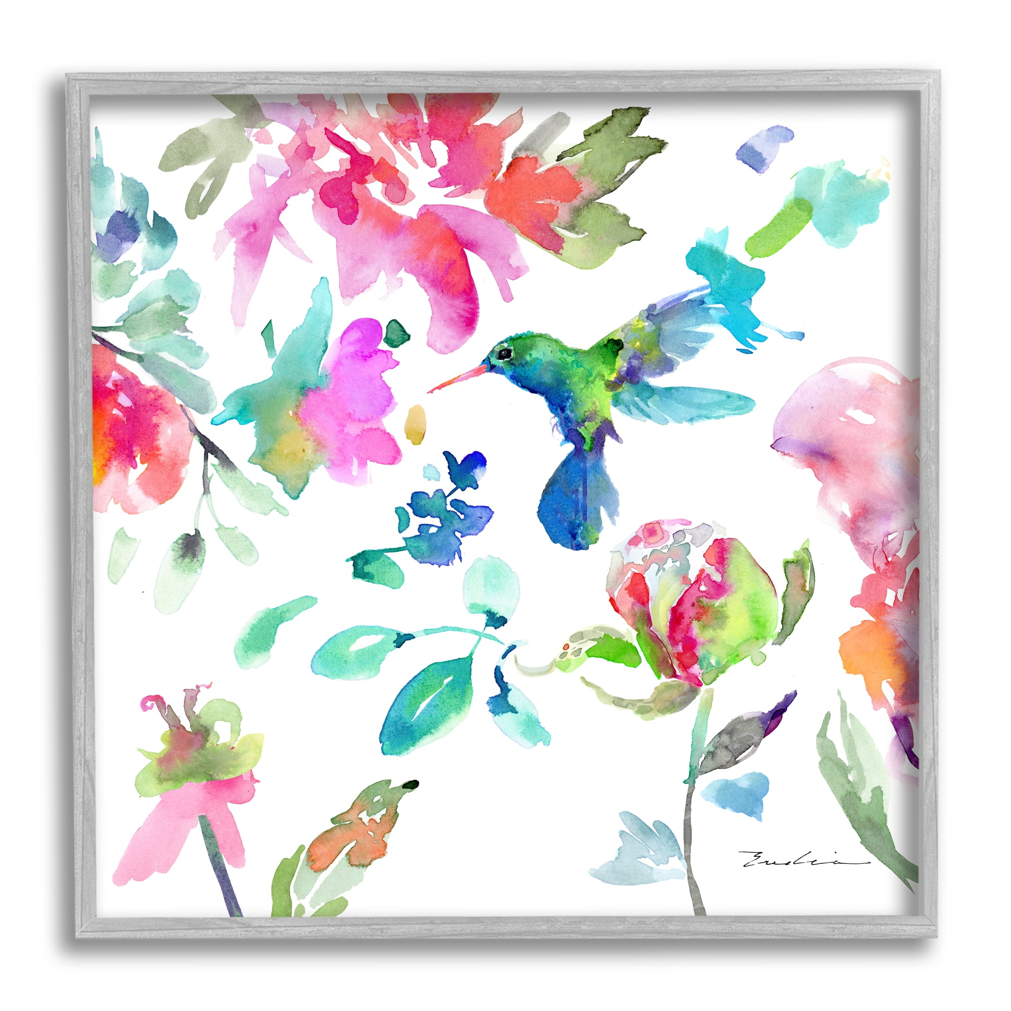 Stupell Hummingbird Vivid Tree Blossoms Animals & Insects Painting Gray Framed Art Print Wall Art