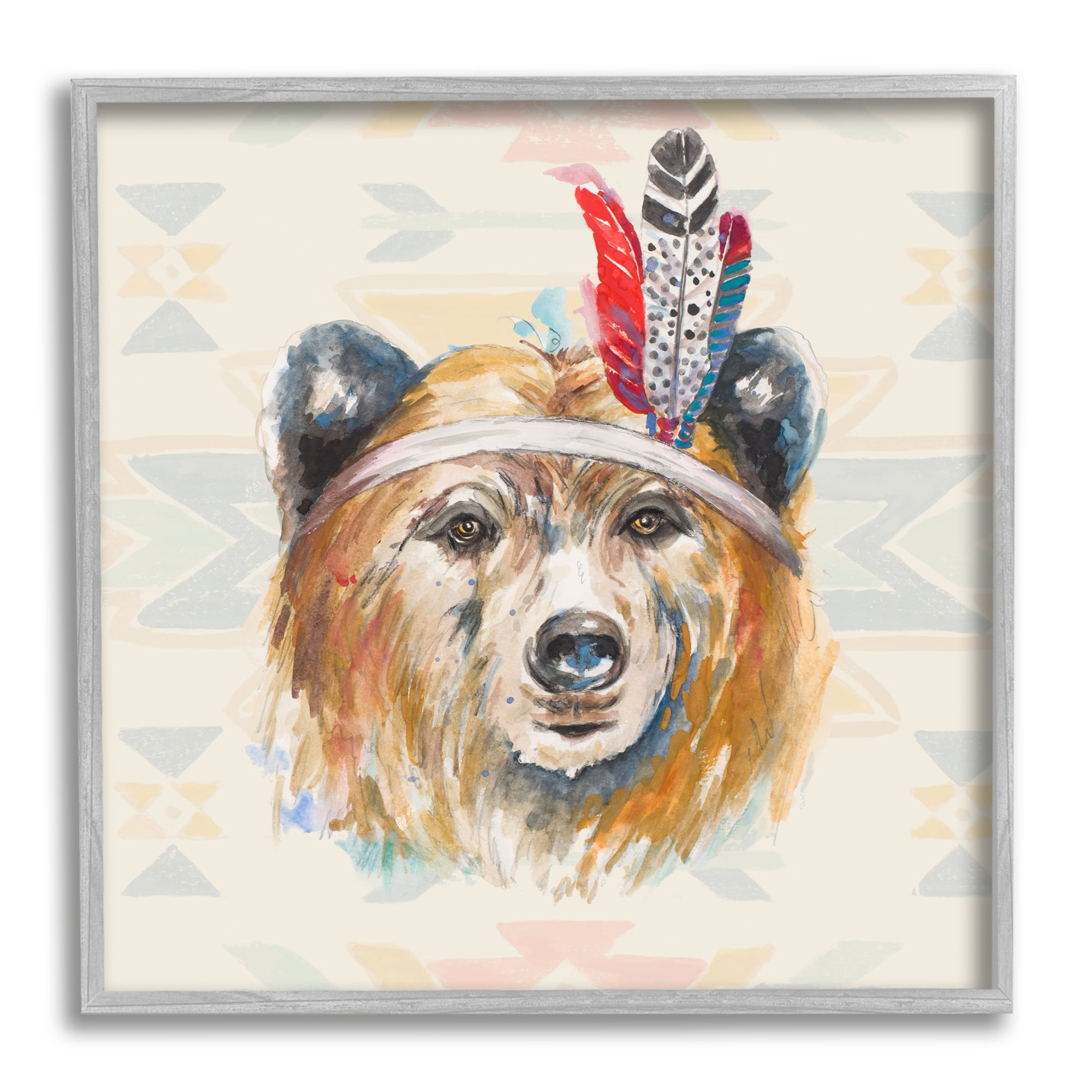 Stupell Indigenous Bear Geometric Wildlife Animals & Insects Painting Gray Framed Art Print Wall Art