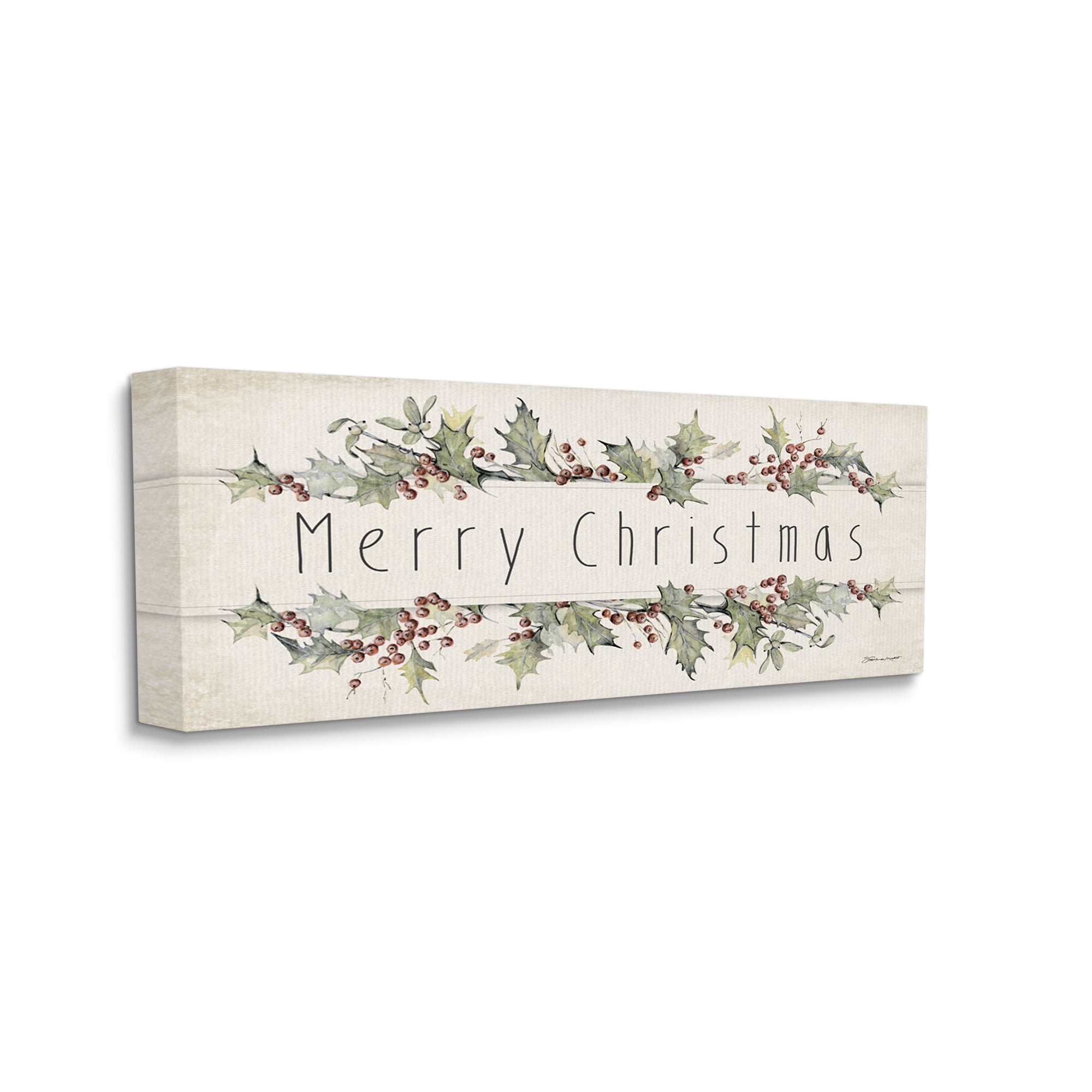 Beige Merry Christmas Holly Floral Canvas Wall Art, 10x24