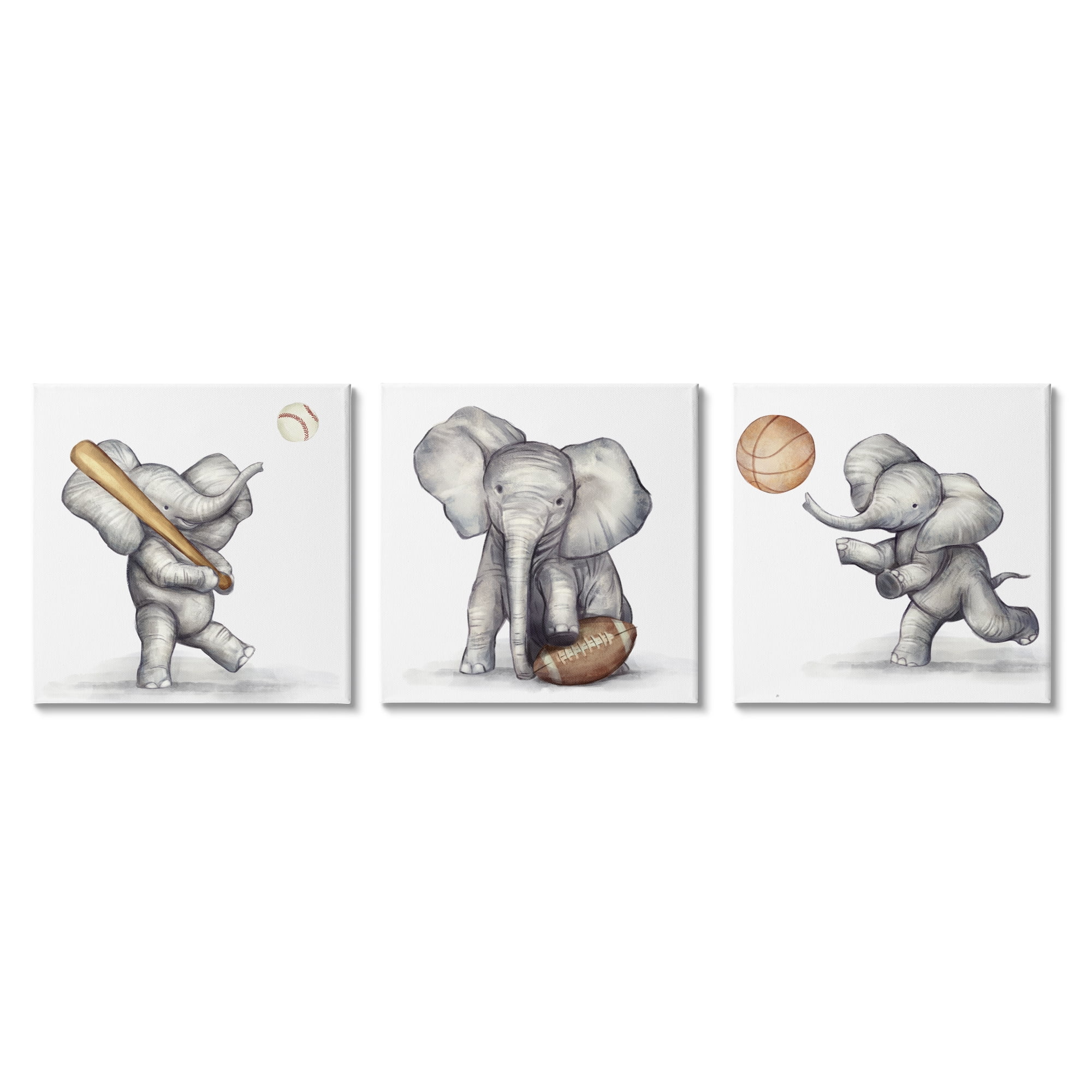 Stupell Indtries Baby Elephant Athlete Playing Basketball Baseball Football,17 x 17,Design by Ziwei Li