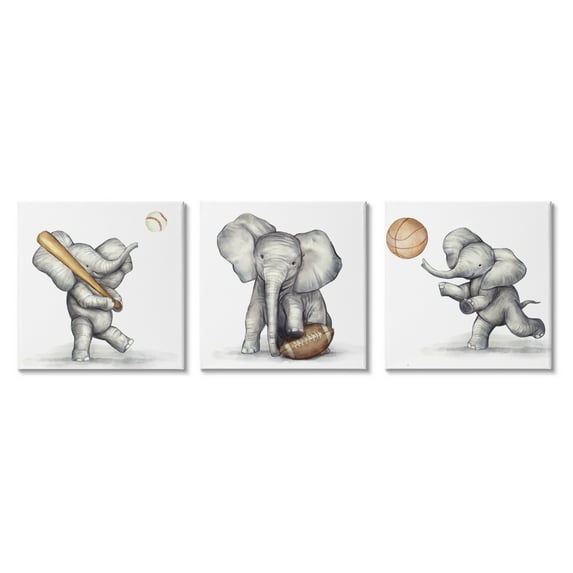 Stupell Indtries Baby Elephant Athlete Playing Basketball Baseball Football,17 x 17,Design by Ziwei Li