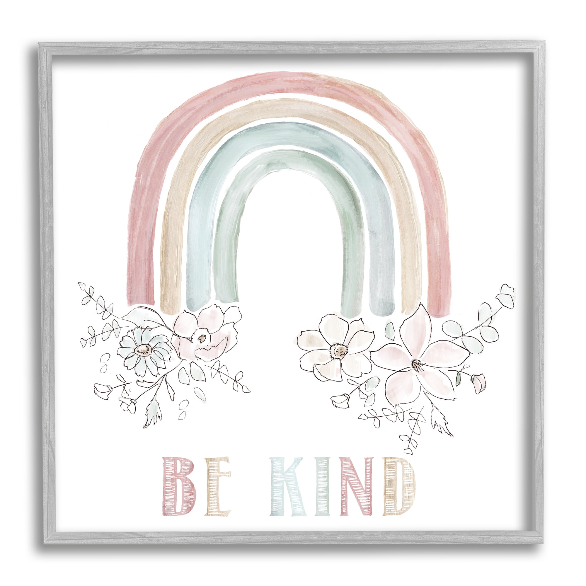 Be Kind Pastel Rainbow and Floral Print in Gray Frame