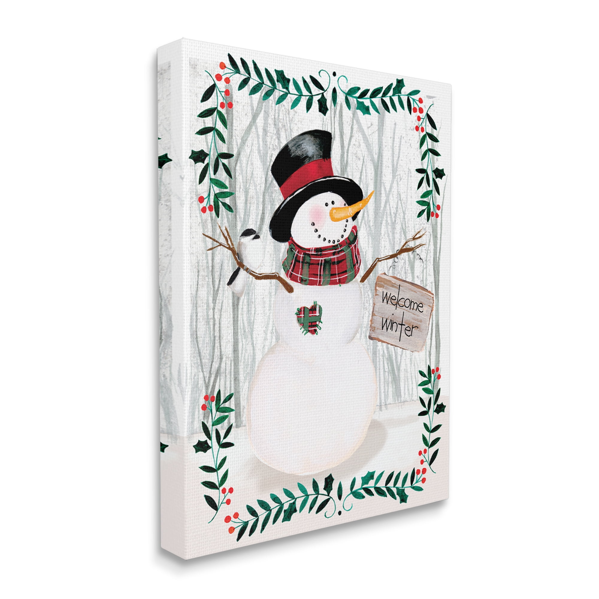 Stupell Industries Winter Welcome Greeting Snowman Forest Holly Florals Holiday Painting Gallery Wrapped Canvas Art Print Wall Art, 16 x 20