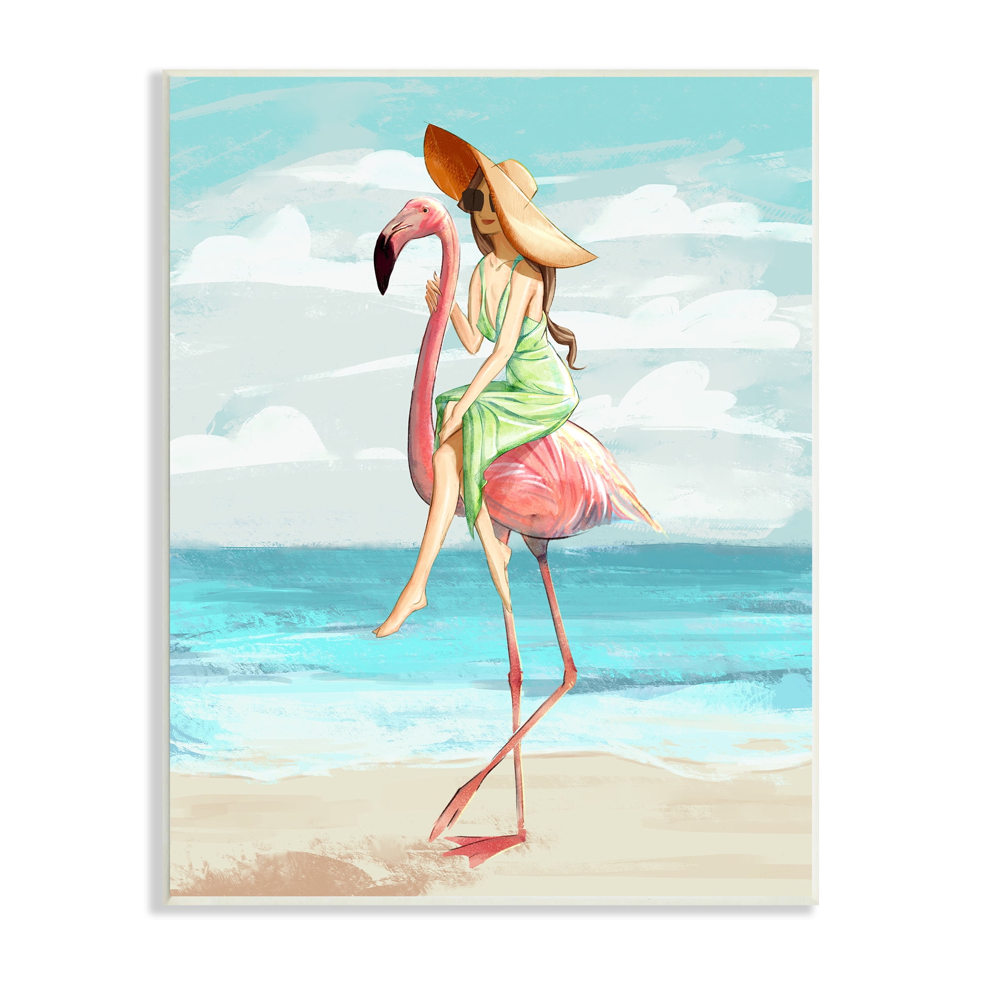 Beach Woman Riding Pink Flamingo Tropical Wall Plaque, 10 x 15