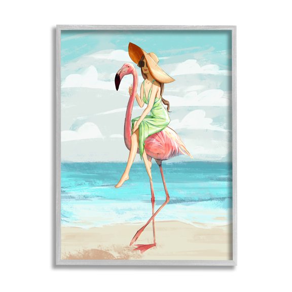 Stupell Indtries Beach Woman Riding Pink Flamingo Tall Tropical Bird,16 x 20,Design by Ziwei Li