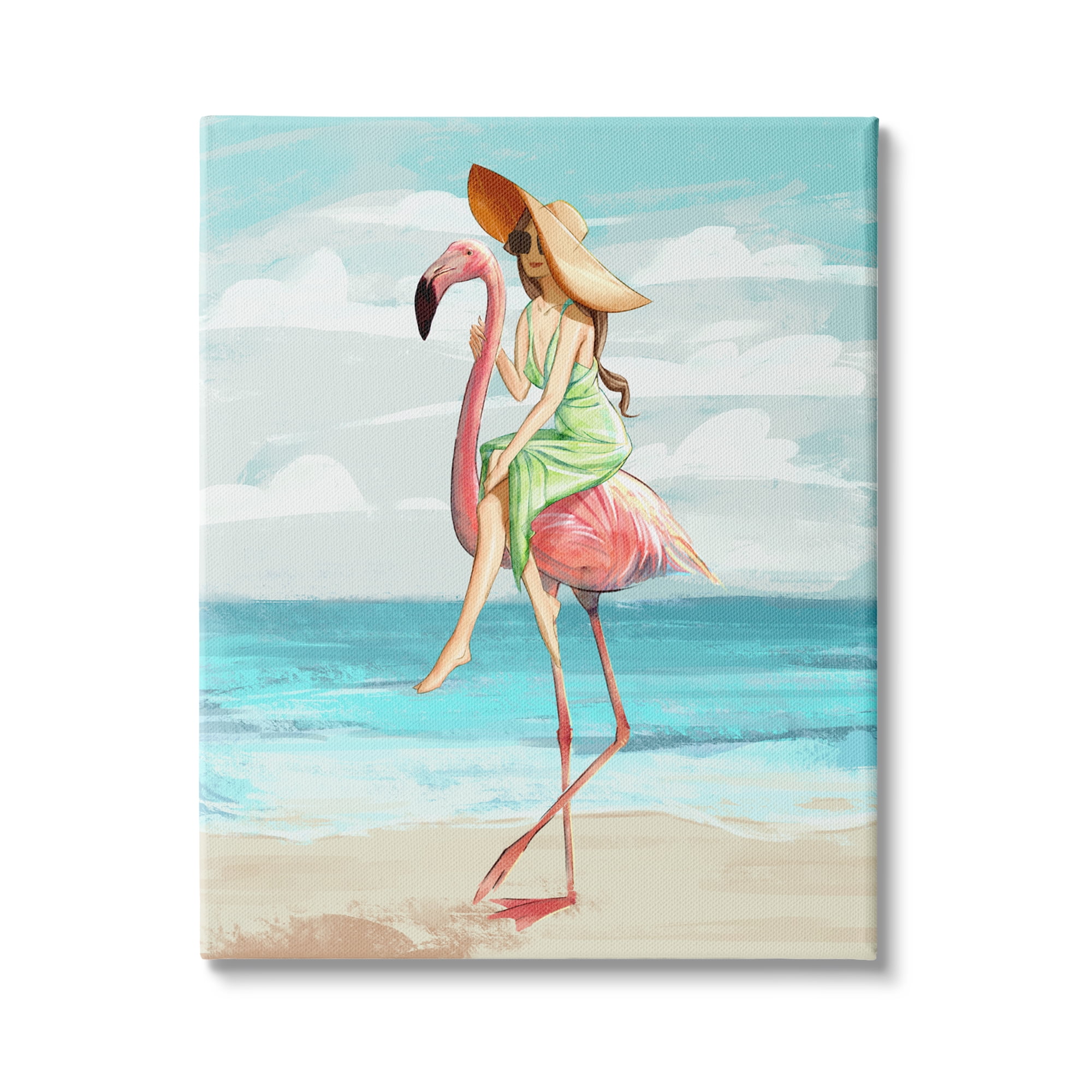 Stupell Indtries Beach Woman Riding Pink Flamingo Tall Tropical Bird,36 x 48,Design by Ziwei Li