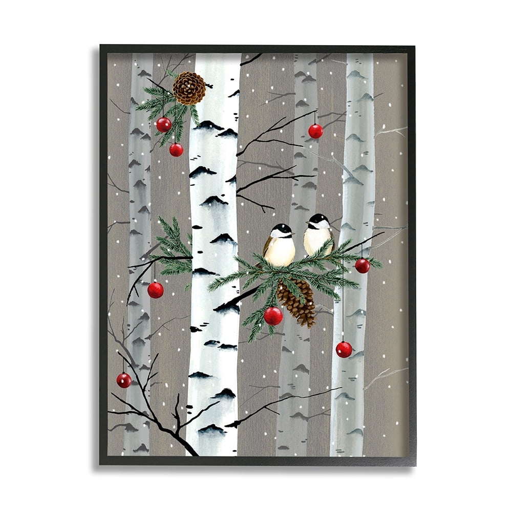Stupell Indtries Birds and Holiday Ornaments Birch Tree Forest Black Framed by Grace Popp