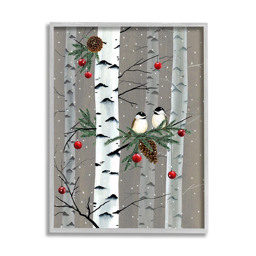 Stupell Indtries Birds and Holiday Ornaments Birch Tree Forest Gray Framed by Grace Popp