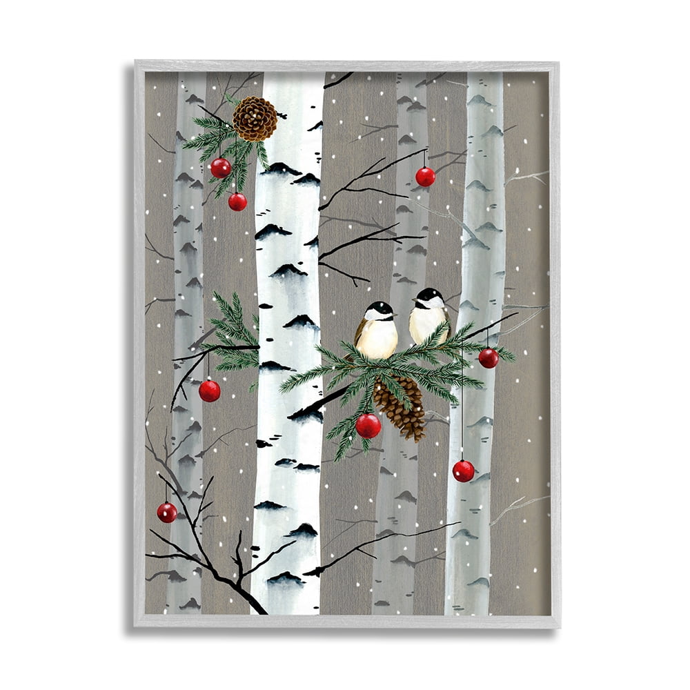 Stupell Indtries Birds and Holiday Ornaments Birch Tree Forest Gray Framed by Grace Popp