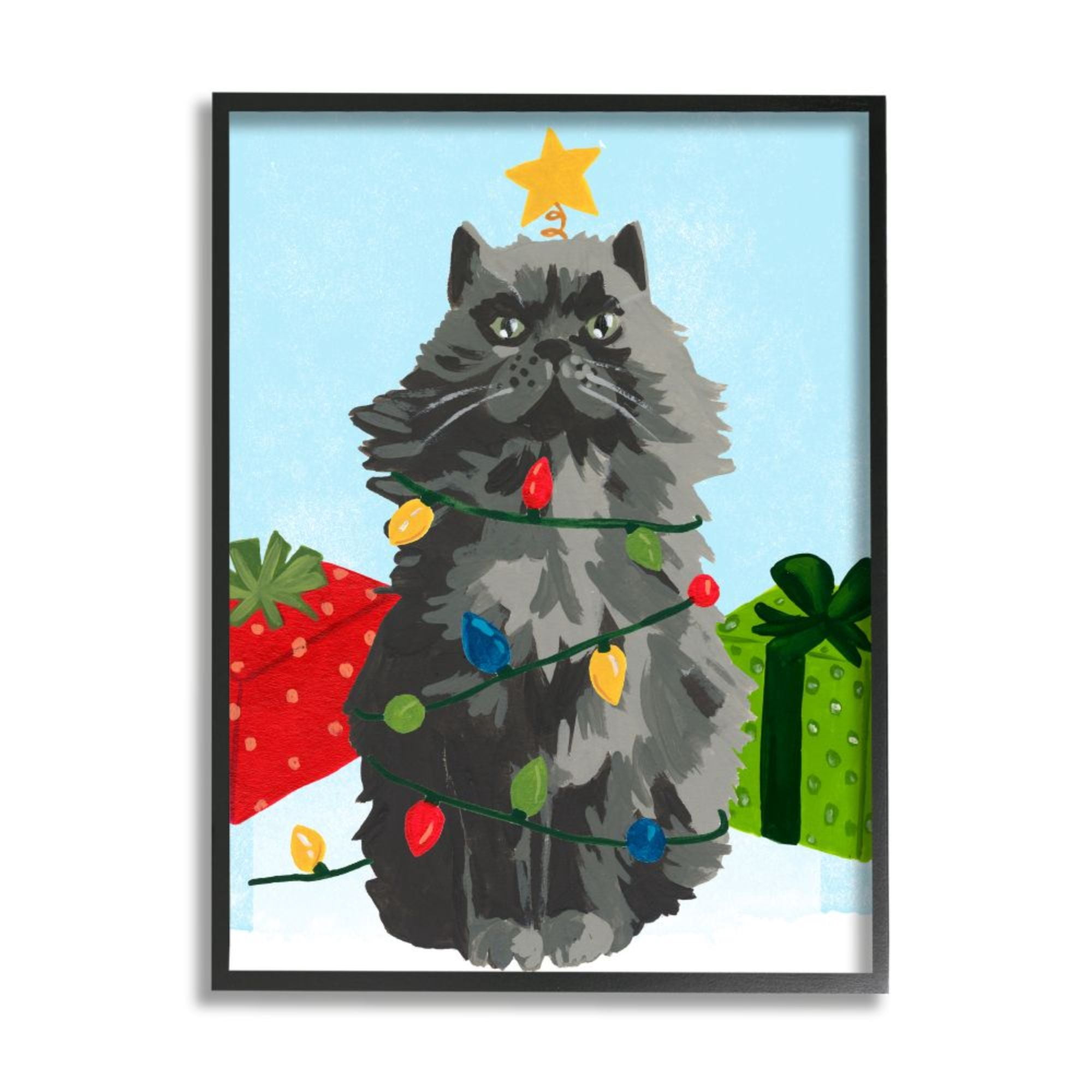 Stupell Indtries Black Cat Festive Holiday Lights Christmas Pet Design by June Erica Vess