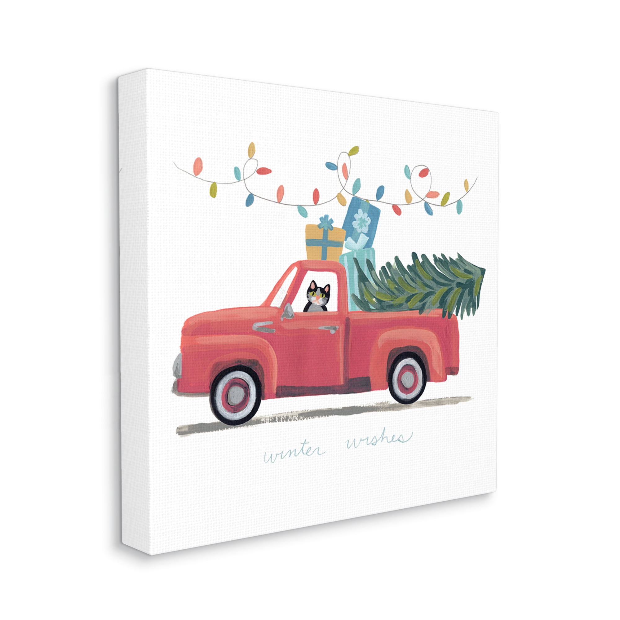 Stupell Industries Cat Christmas Red Truck Winter Wishes Phrase Transportation Painting Gallery Wrapped Canvas Art Print Wall Art, 36 x 36