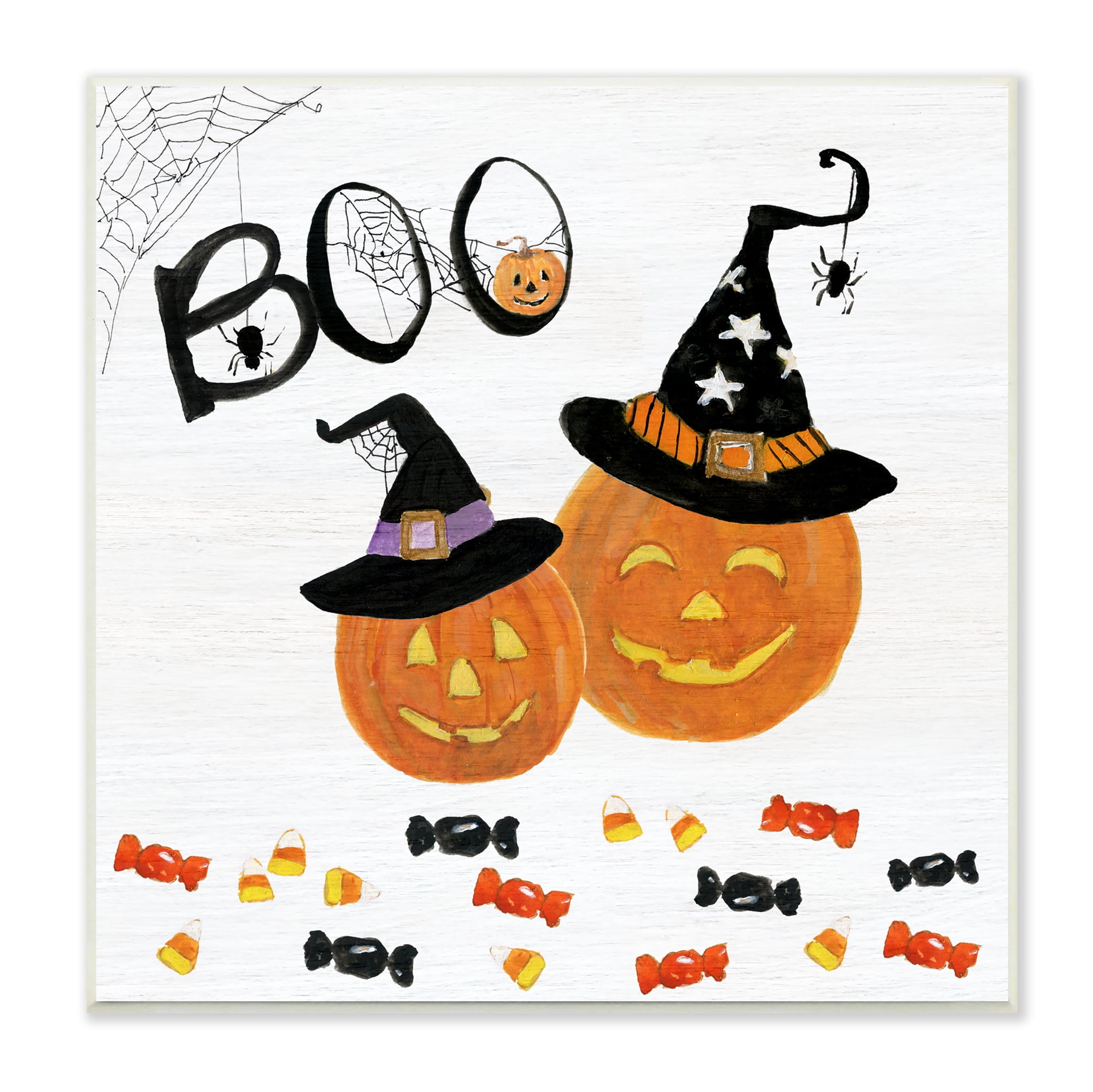 Stupell Indtries Boo Phrase with Orange Pumpkins Witch Hats,12 x 12,Design by Sally Swatland