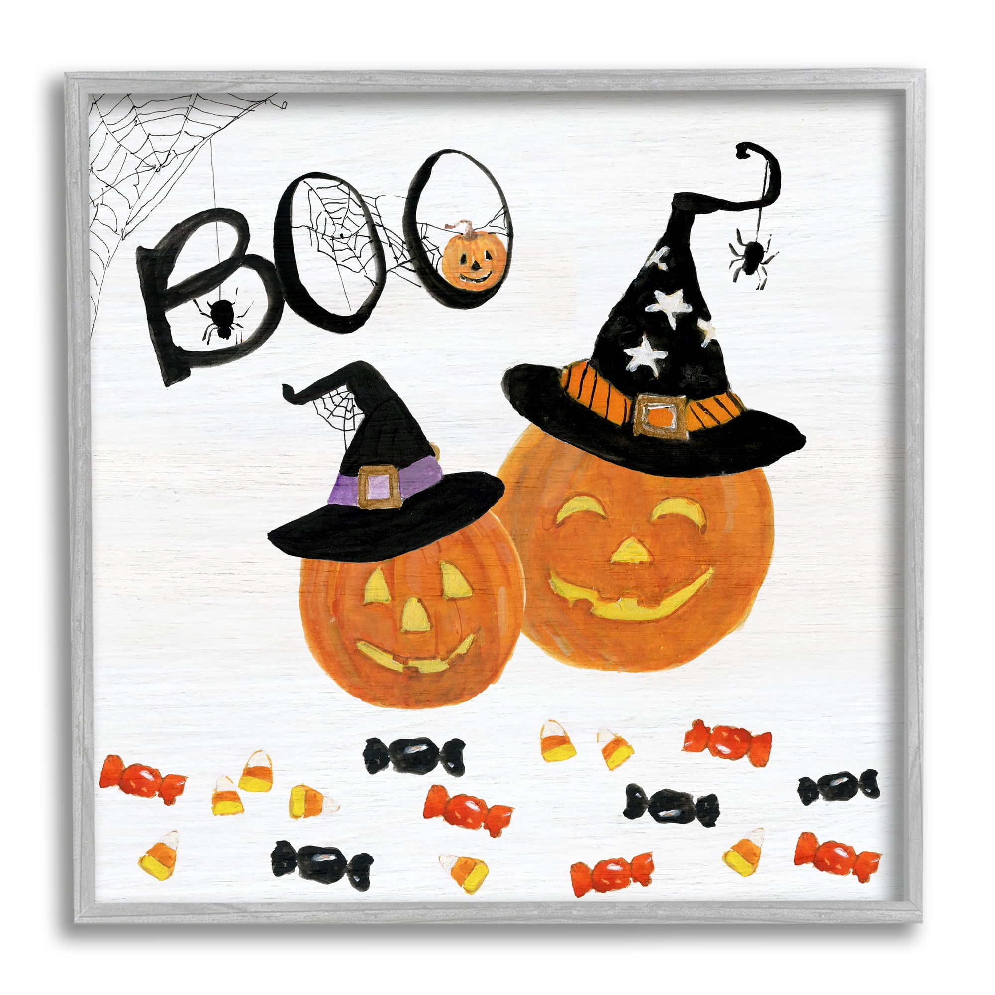 Stupell Indtries Boo Phrase with Orange Pumpkins Witch Hats,17 x 17,Design by Sally Swatland