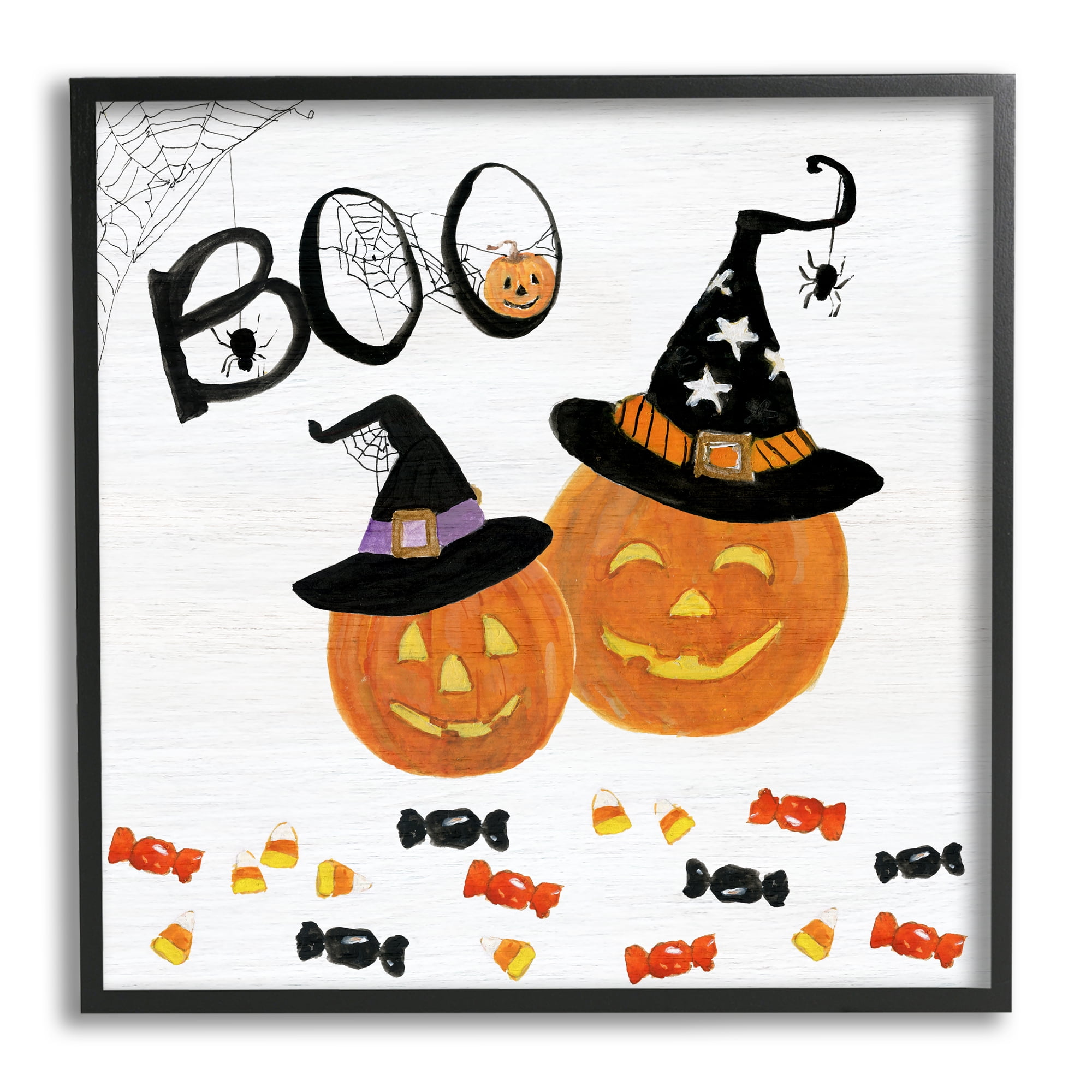 Stupell Indtries Boo Phrase with Orange Pumpkins Witch Hats,17 x 30,Design by Sally Swatland