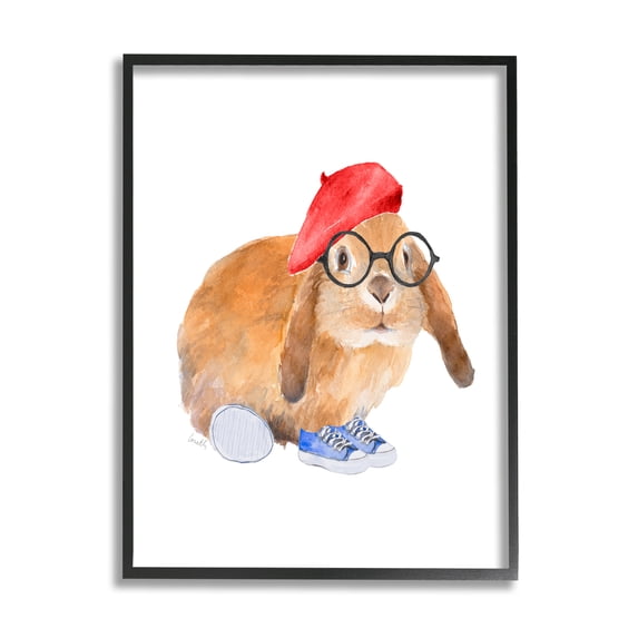 Stupell Indtries Chic Bunny Rabbit Red Beret Hat Round Glasses,16 x 20,Design by Lanie Loreth