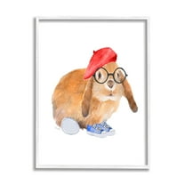 Stupell Indtries Chic Bunny Rabbit Red Beret Hat Round Glasses,24 x 30,Design by Lanie Loreth