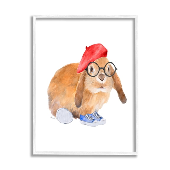 Stupell Indtries Chic Bunny Rabbit Red Beret Hat Round Glasses,24 x 30,Design by Lanie Loreth