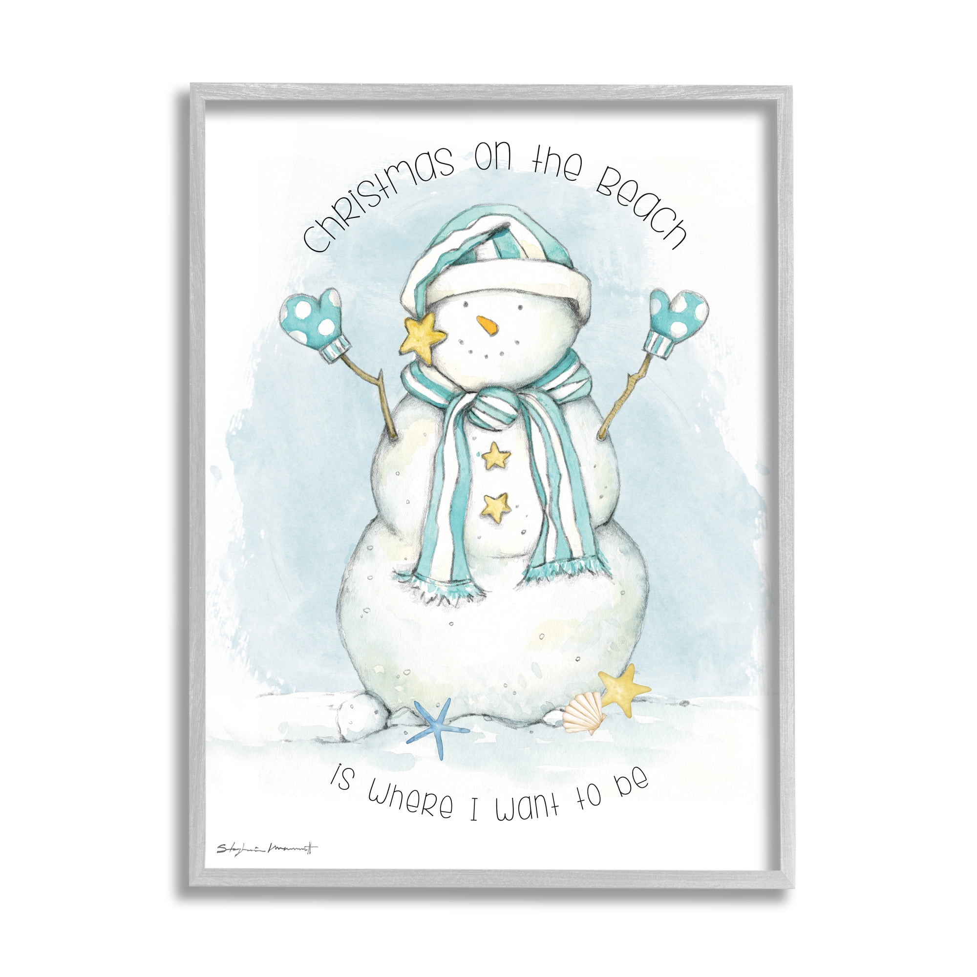 Stupell Industries Christmas On the Beach Sentiments Nautical Snowman Nature Painting Gray Framed Art Print Wall Art, 11 x 14