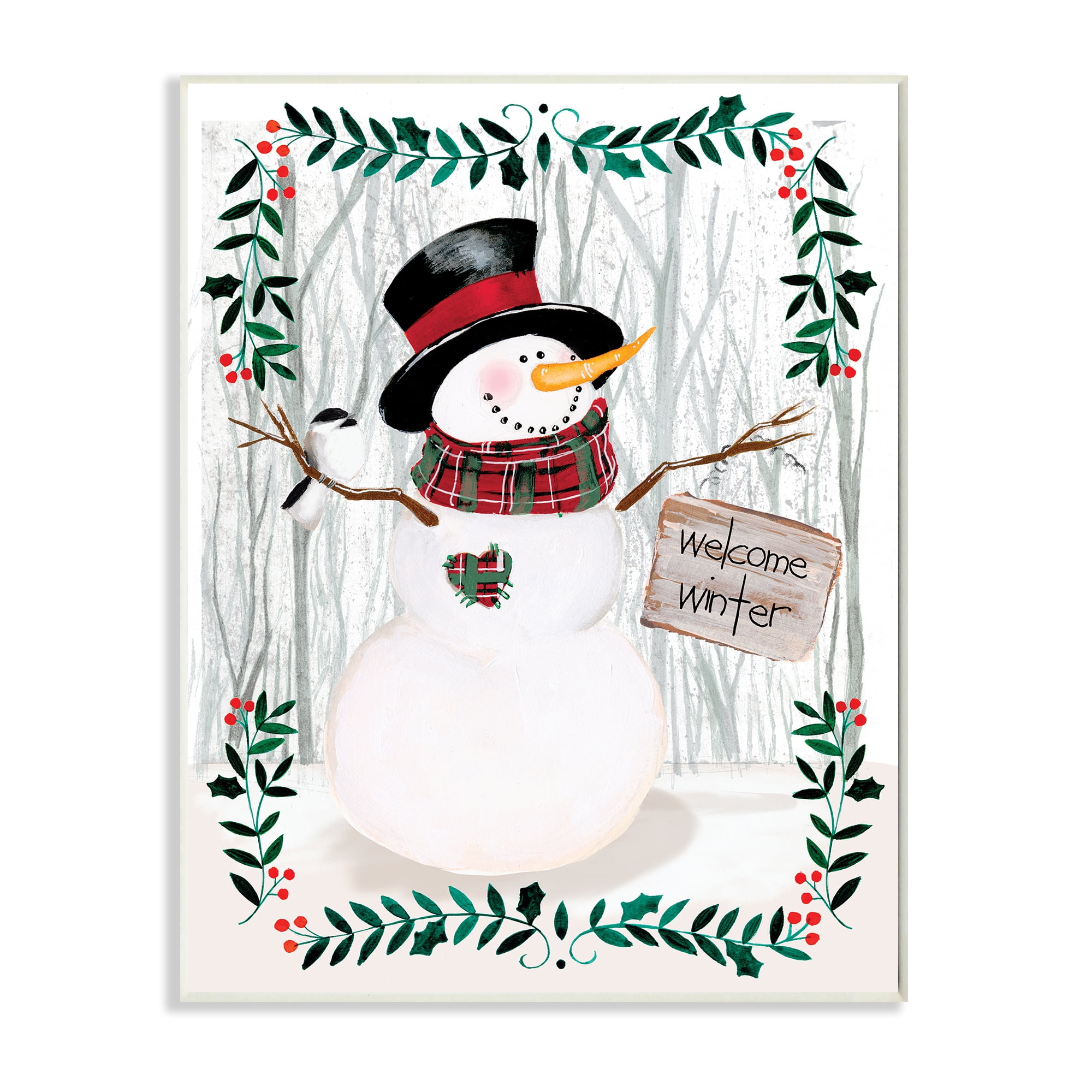 Stupell Industries Winter Welcome Greeting Snowman Forest Holly Florals Holiday Painting Unframed Art Print Wall Art, 10 x 15