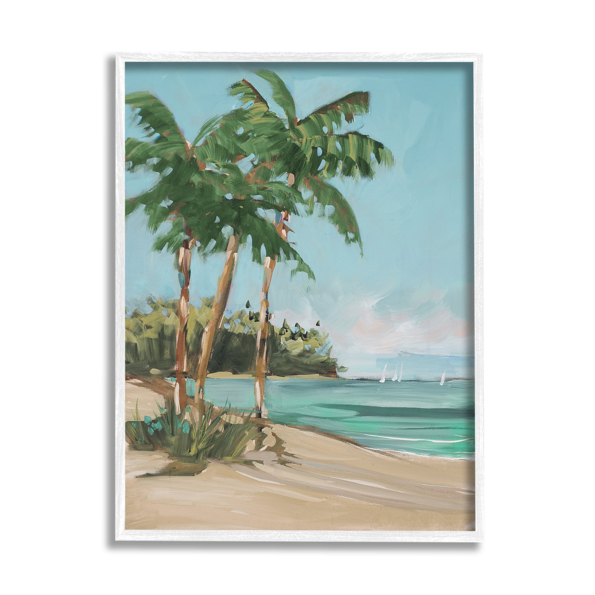 Stupell Indtries Contemporary Summer Palm Tree Coast Line Distant Boats,11 x 14,Design by Jane Slivka