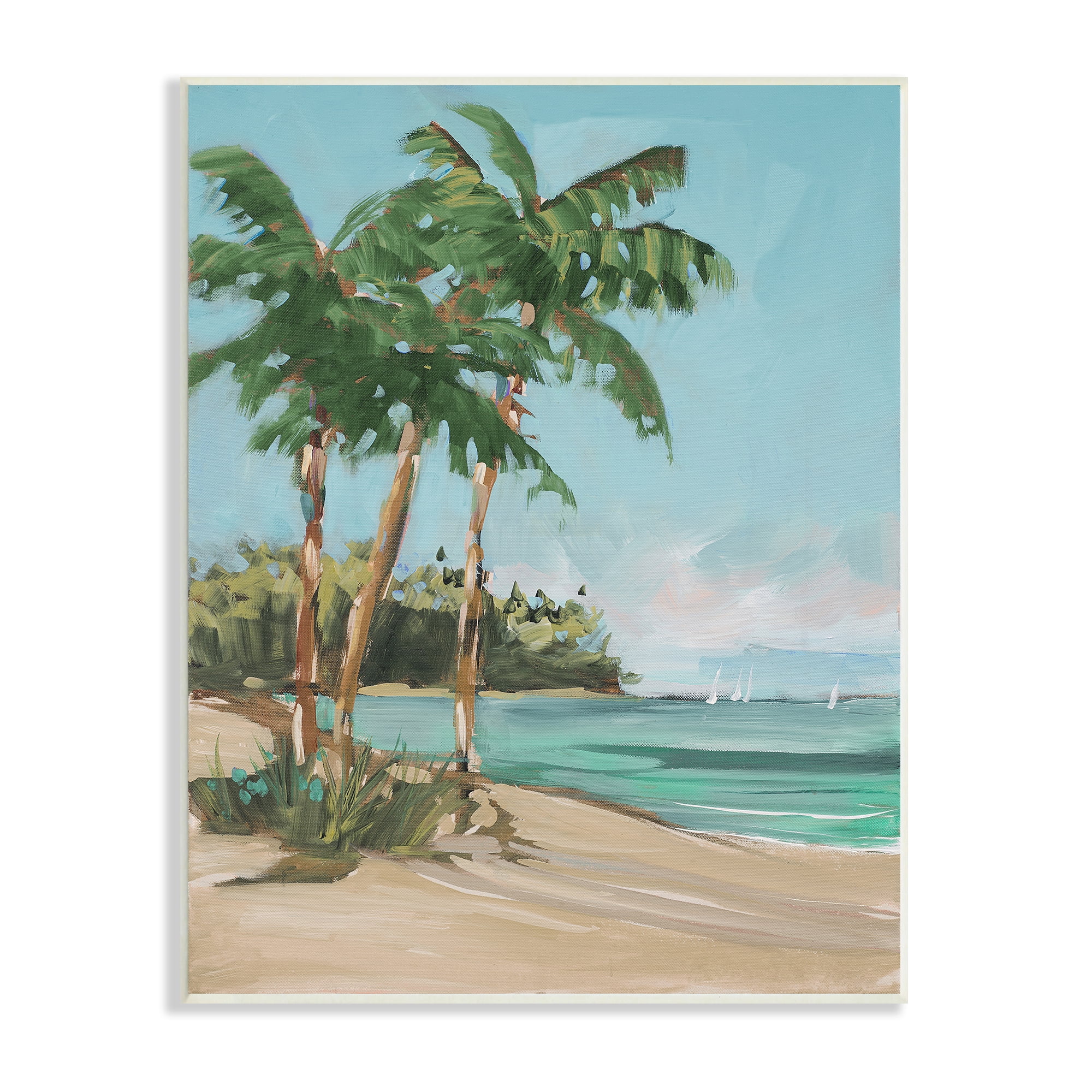 Stupell Indtries Contemporary Summer Palm Tree Coast Line Distant Boats,13 x 19,Design by Jane Slivka