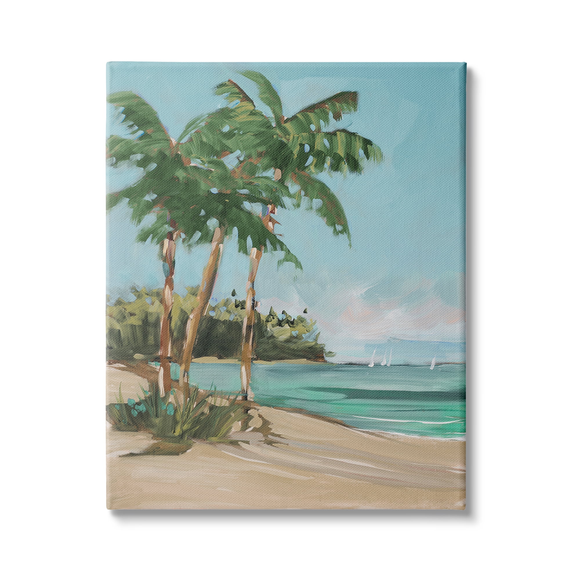 Stupell Indtries Contemporary Summer Palm Tree Coast Line Distant Boats,16 x 20,Design by Jane Slivka