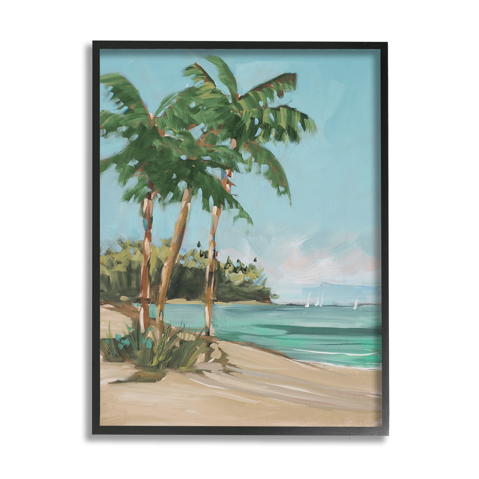 Stupell Indtries Contemporary Summer Palm Tree Coast Line Distant Boats,24 x 30,Design by Jane Slivka
