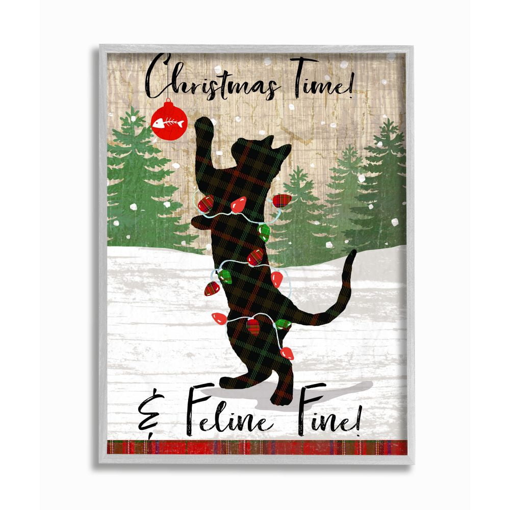 Stupell Indtries Country Holiday Christmas Time Phrase Family Cat Scene Framed Wall Art Design by Andrea Tachiera, 16" x 20", Gray Framed
