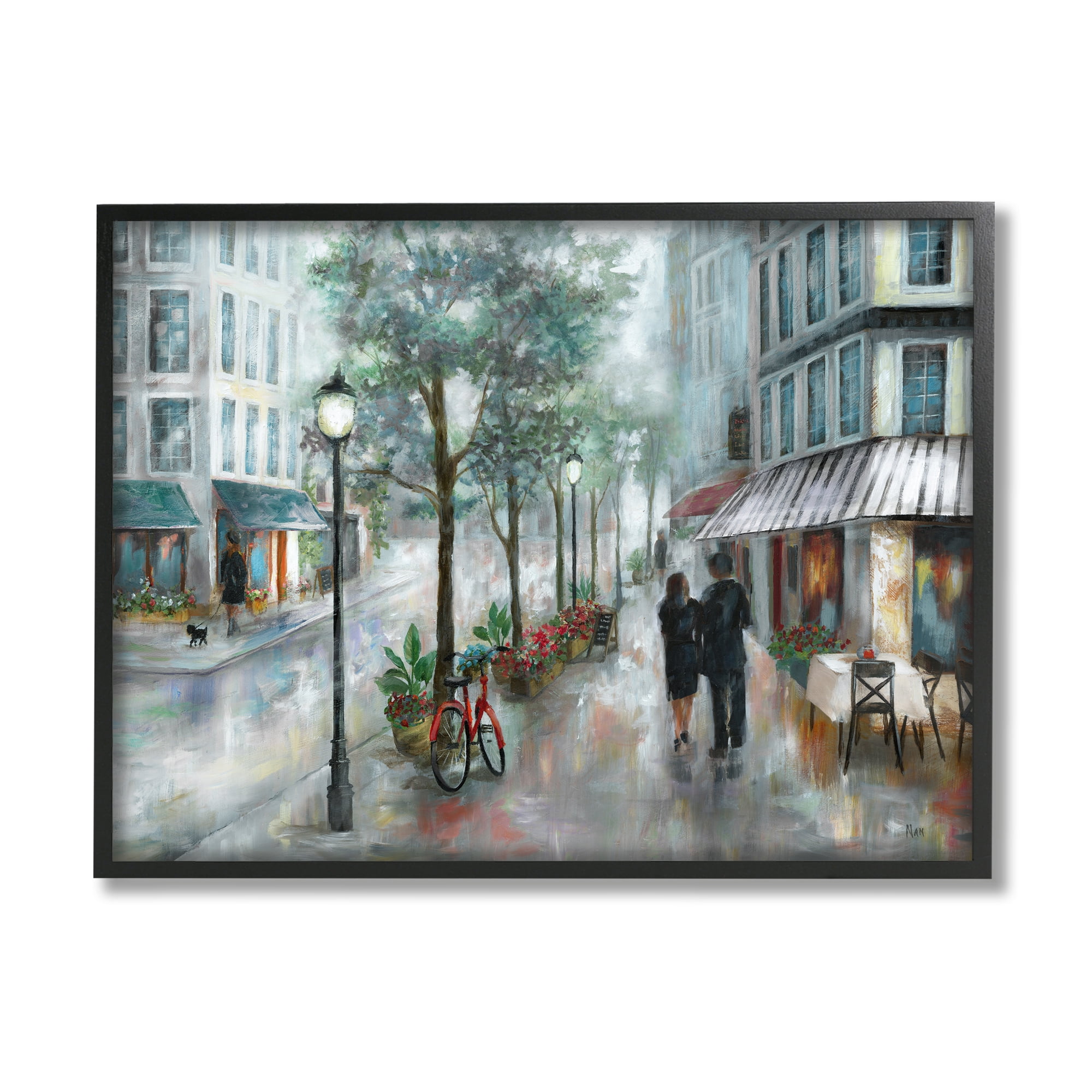 Ebony Wood Grain Framed Couple Walking Through Rainy City Print