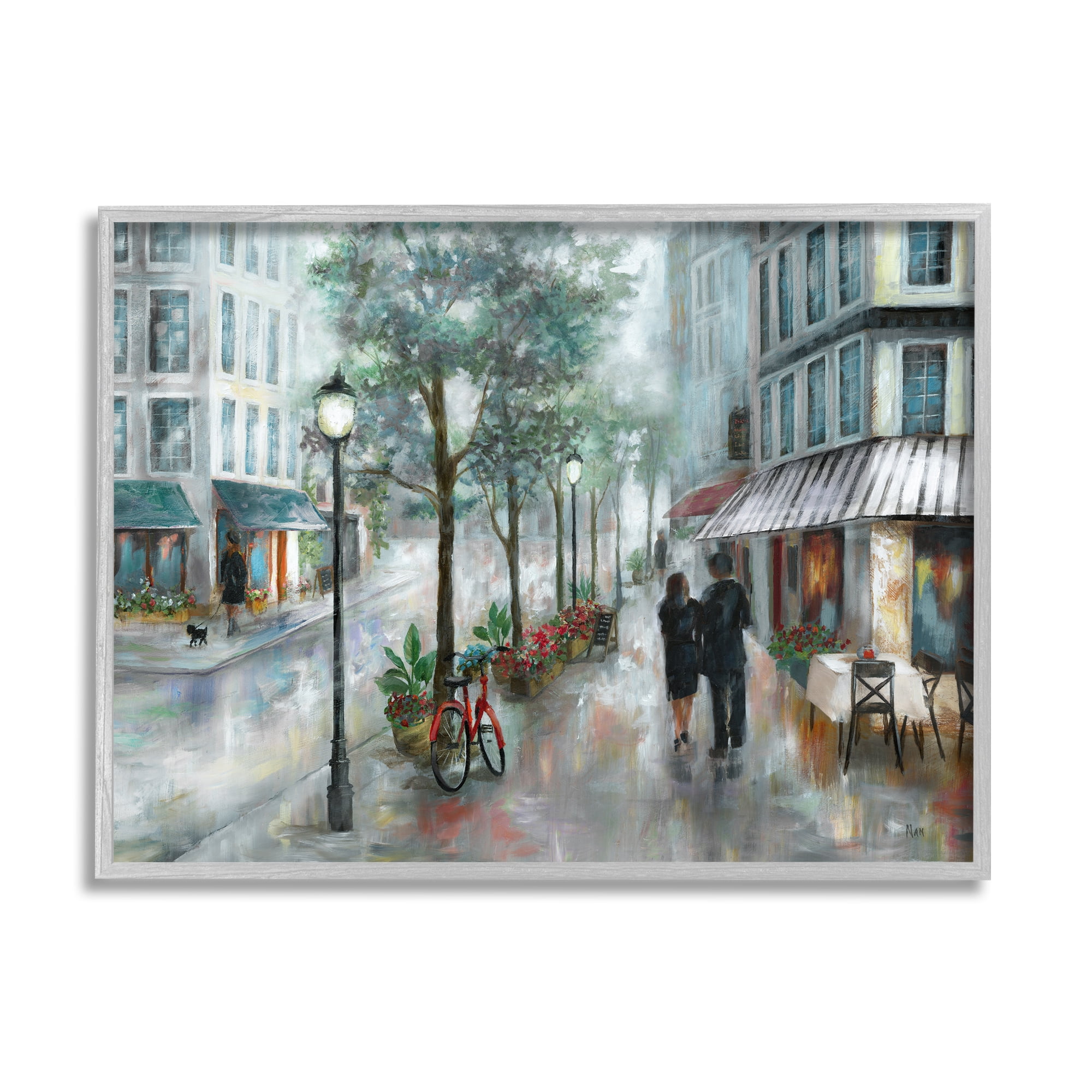 Gray Framed Couple Walking Through Rainy City Print, 20 x 16
