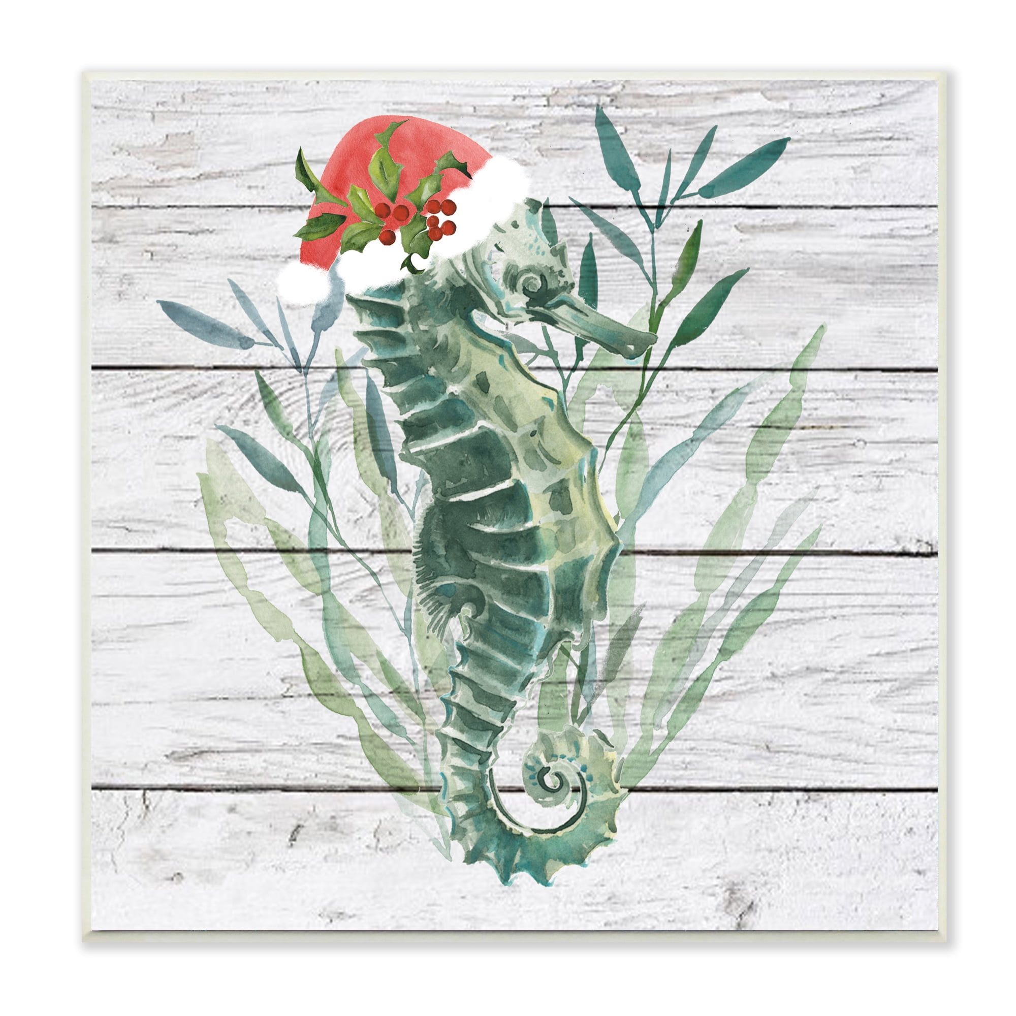 Stupell Industries Nautical Christmas Ocean Sea Horse Santa Hat Nature Painting Unframed Art Print Wall Art, 12 x 12