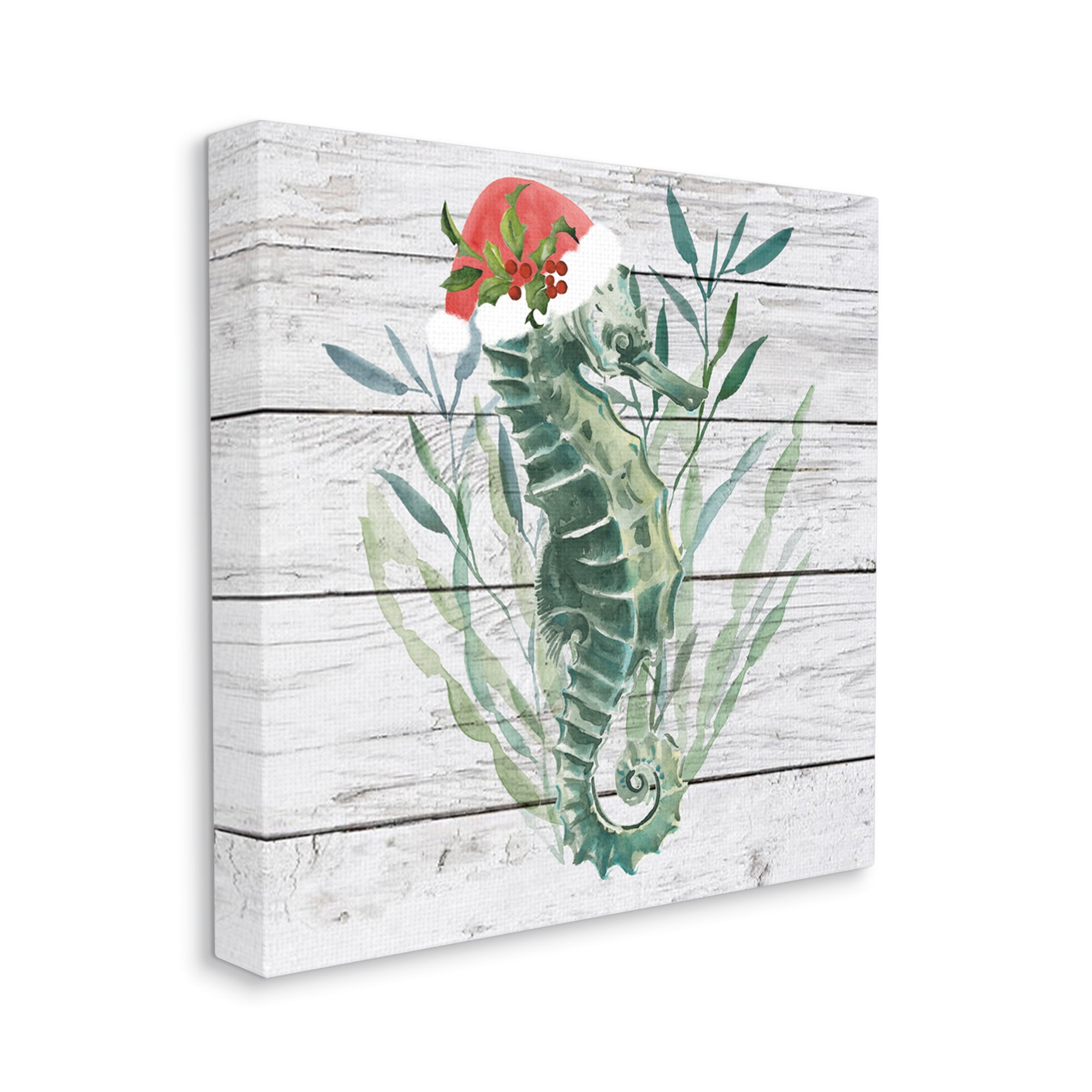 Stupell Industries Nautical Christmas Ocean Sea Horse Santa Hat Nature Painting Gallery Wrapped Canvas Art Print Wall Art, 36 x 36
