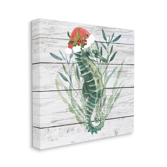 Stupell Industries Nautical Christmas Ocean Sea Horse Santa Hat Nature Painting Gallery Wrapped Canvas Art Print Wall Art, 36 x 36