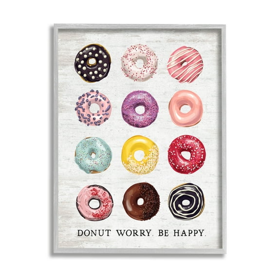 Stupell Indtries Donut Worry Be Happy Pun Glazed Farmhoe Desserts,16 x 20,Design by Lettered and Lined