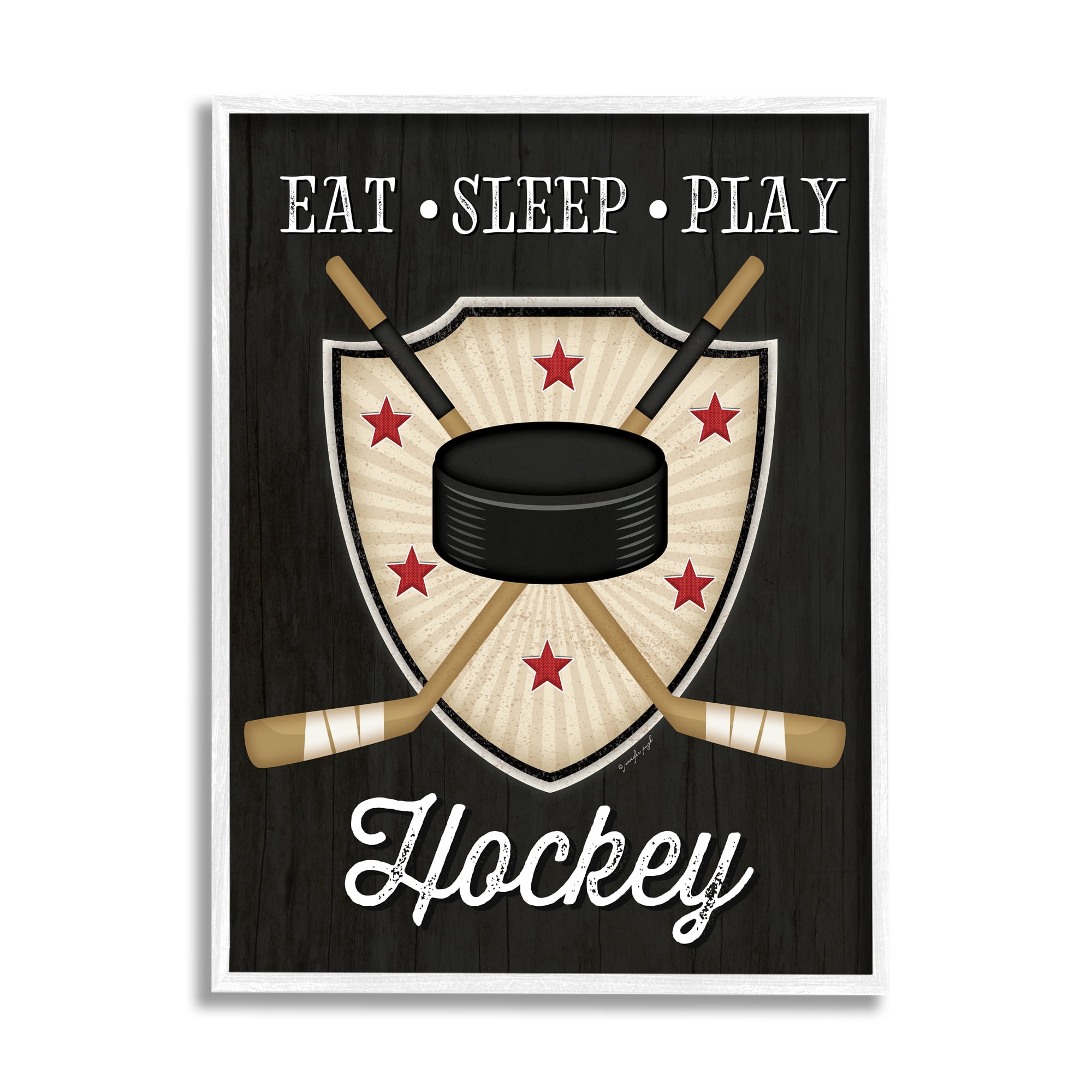 Stupell Indtries Eat Sleep Play Hockey Phrase Crossed Sticks Puck,16 x 20,Design by Jennifer Pugh