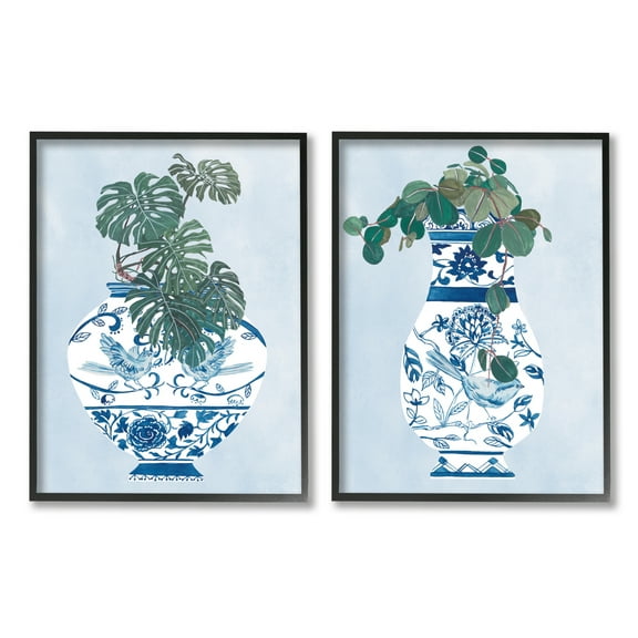 Stupell Indtries Elegant Indoor Plant Still Life Ornate Blue Vases,11 x 14,Design by Melissa Wang 
