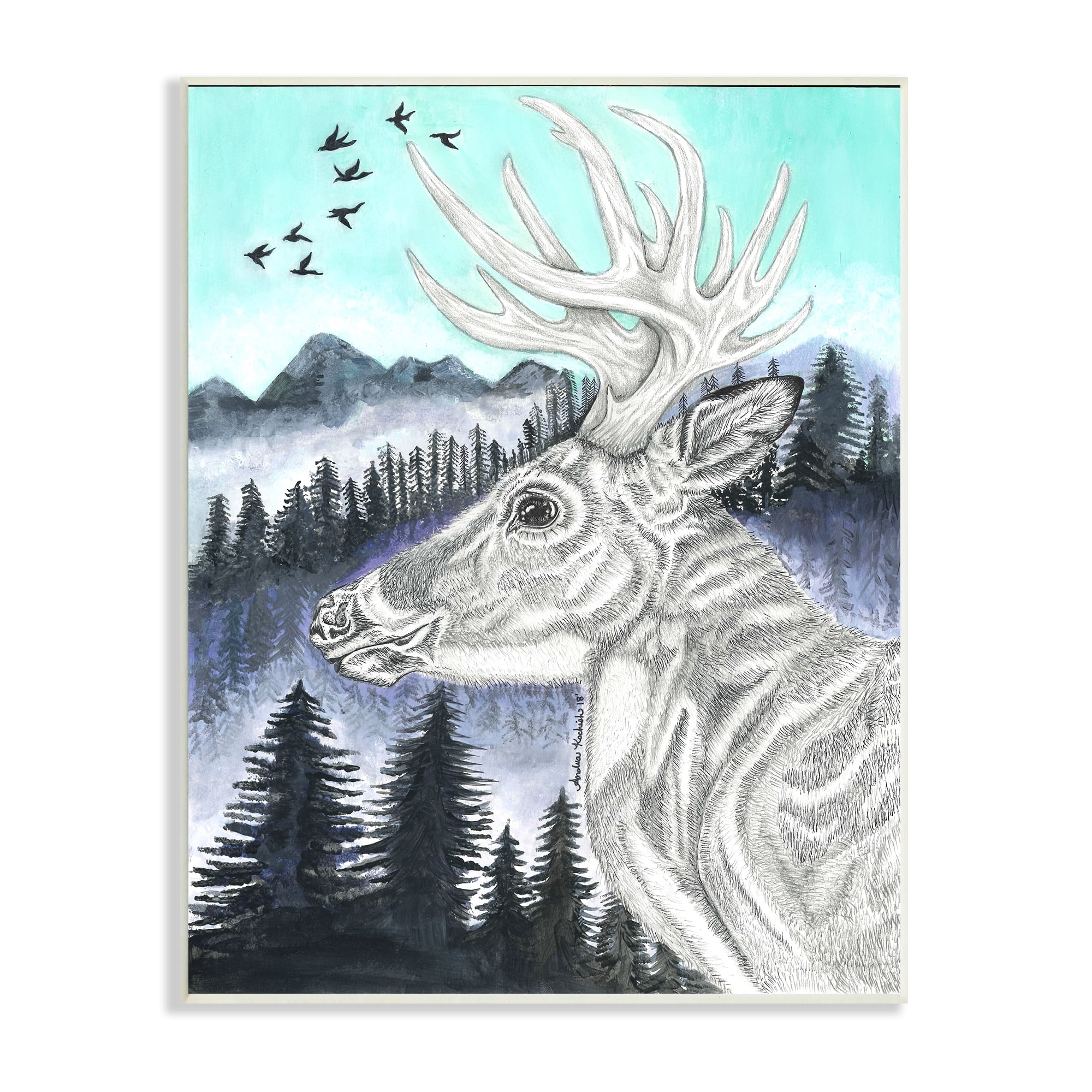 Stupell Indtries Elk Pencil Pattern Portrait Blue Mountain Forest Landscape,10 x 15,Design by Andrea Kochish