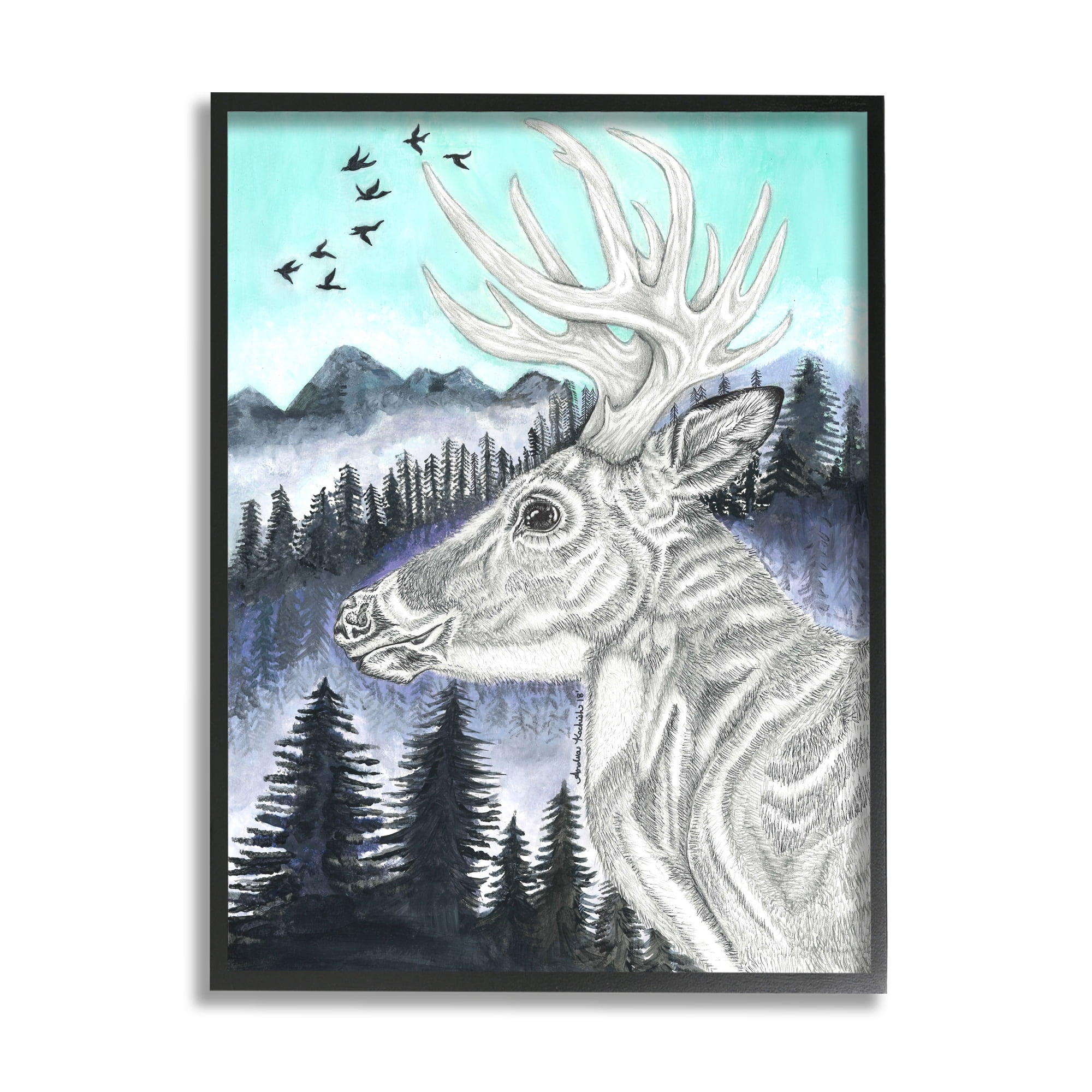 Stupell Indtries Elk Pencil Pattern Portrait Blue Mountain Forest Landscape,16 x 20,Design by Andrea Kochish